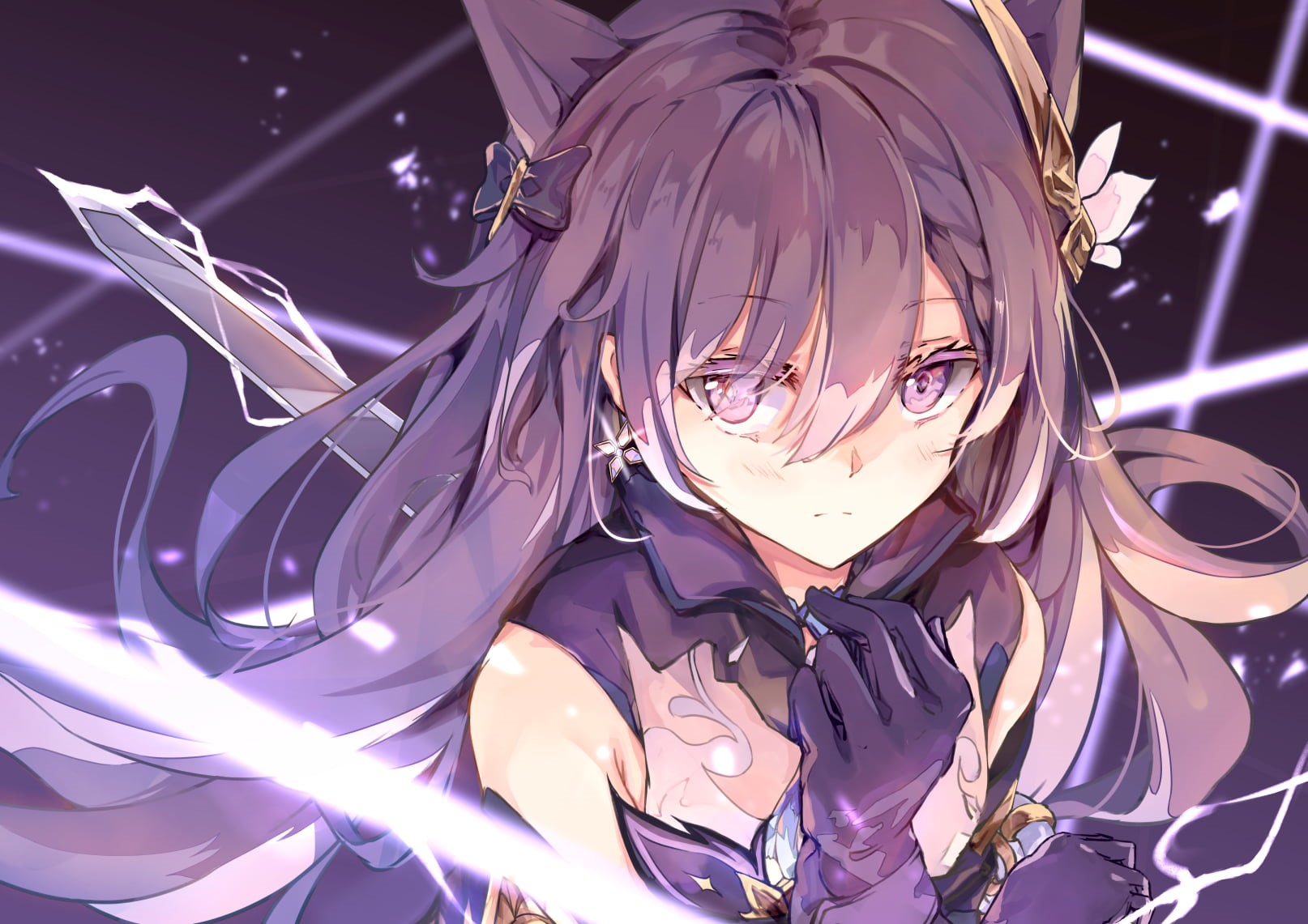 purple hair, purple eyes, animal ears, braids, keqing (genshin impact), 720P, twintails, long hair, HD Wallpaper