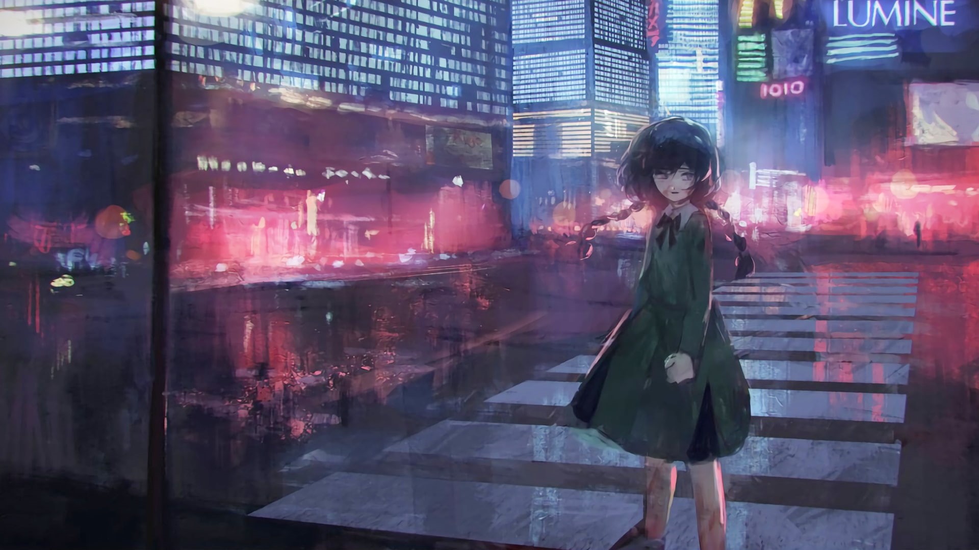 Braided hair, schoolgirl, anime girls, night, 1080P, anime, city, manga, short hair, HD Wallpaper