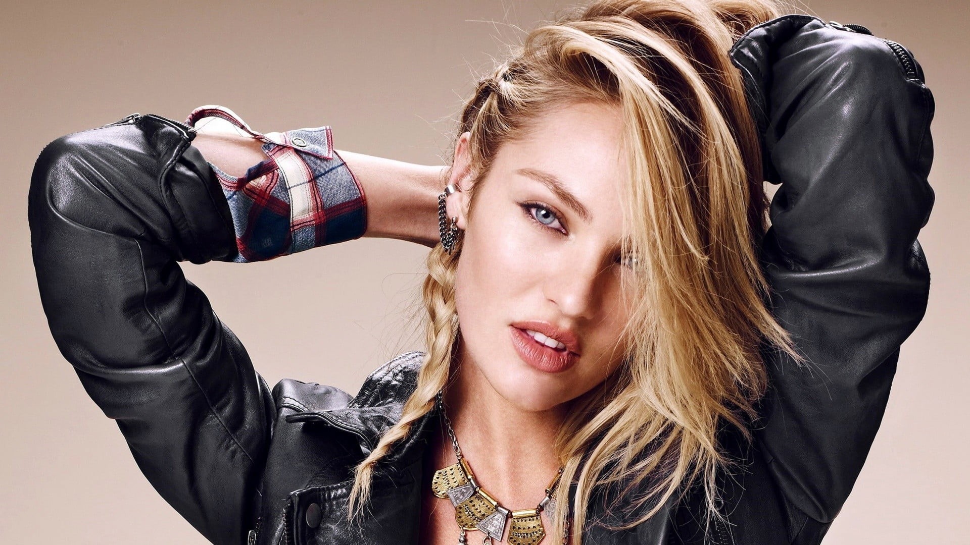 looking at viewer, headshot, 1080P, hand in hair, beautiful woman, necklace, model, lifestyles, hair, leather jackets, open mouth, portrait, adult, looking at camera, HD Wallpaper