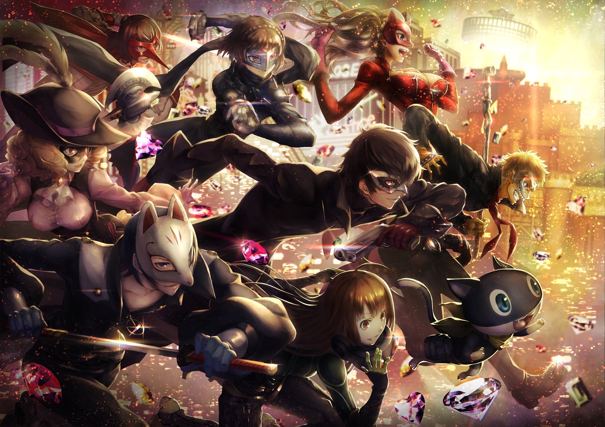 1080P, nijima makoto, Anime, kurusu akira, akechi goro, okumura haru, persona 5, HD Wallpaper