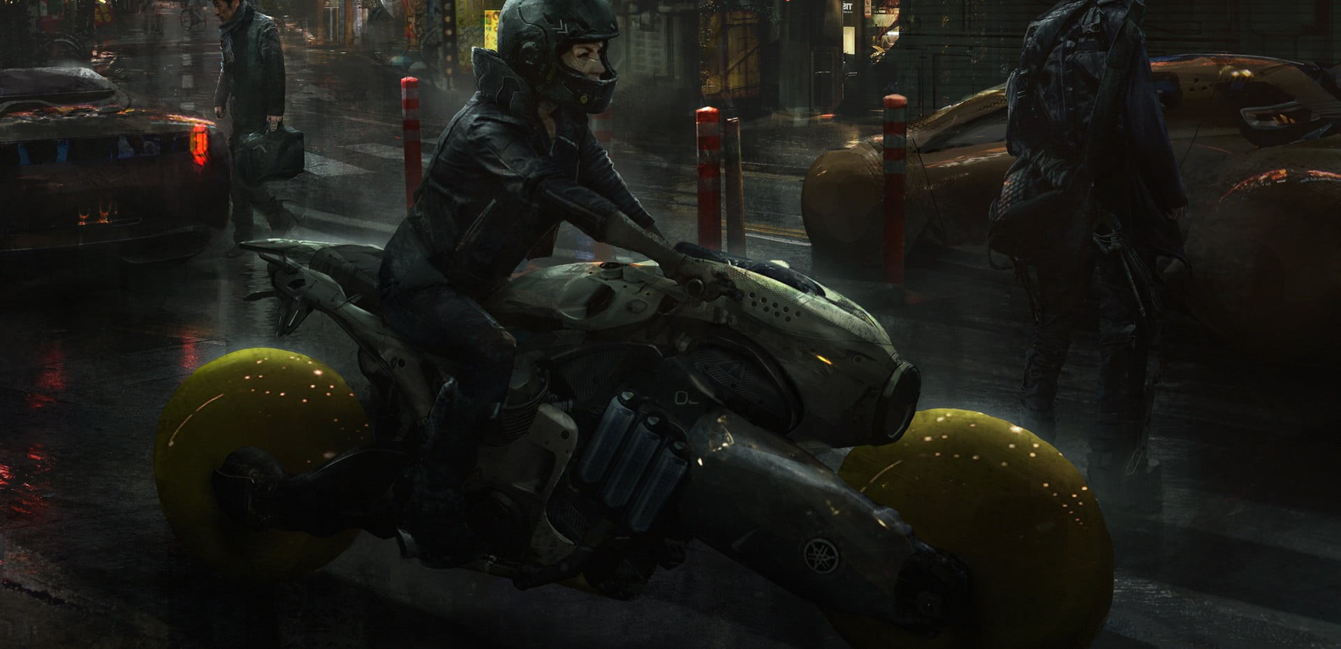 Eddie Mendoza, car, futuristic, illustration, helmet, people, motorcyclist, environment, cyberpunk, urban, 2D, motorcycle, science fiction, leather jackets, HD Wallpaper