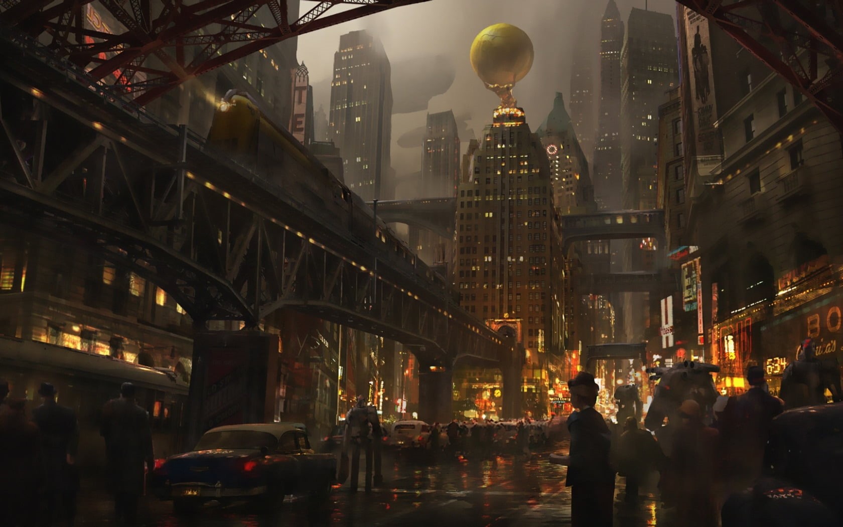 mode of transportation, eddie mendoza, adult, dark, art, fantasy, group of people, street, men, city, 720P, transportation, lifestyles, building exterior, HD Wallpaper