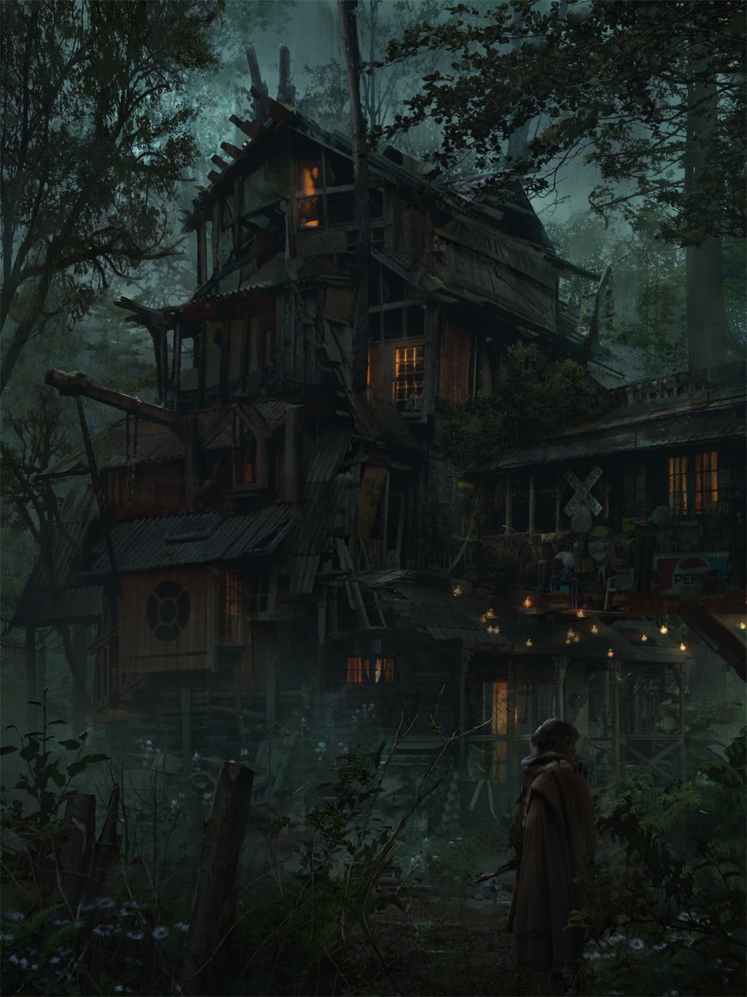 e-mendoza, weapon, wood house, forest, Eddie Mendoza, mist, digital art, 720P, artwork, Pepsi, concept art, Phone HD Wallpaper
