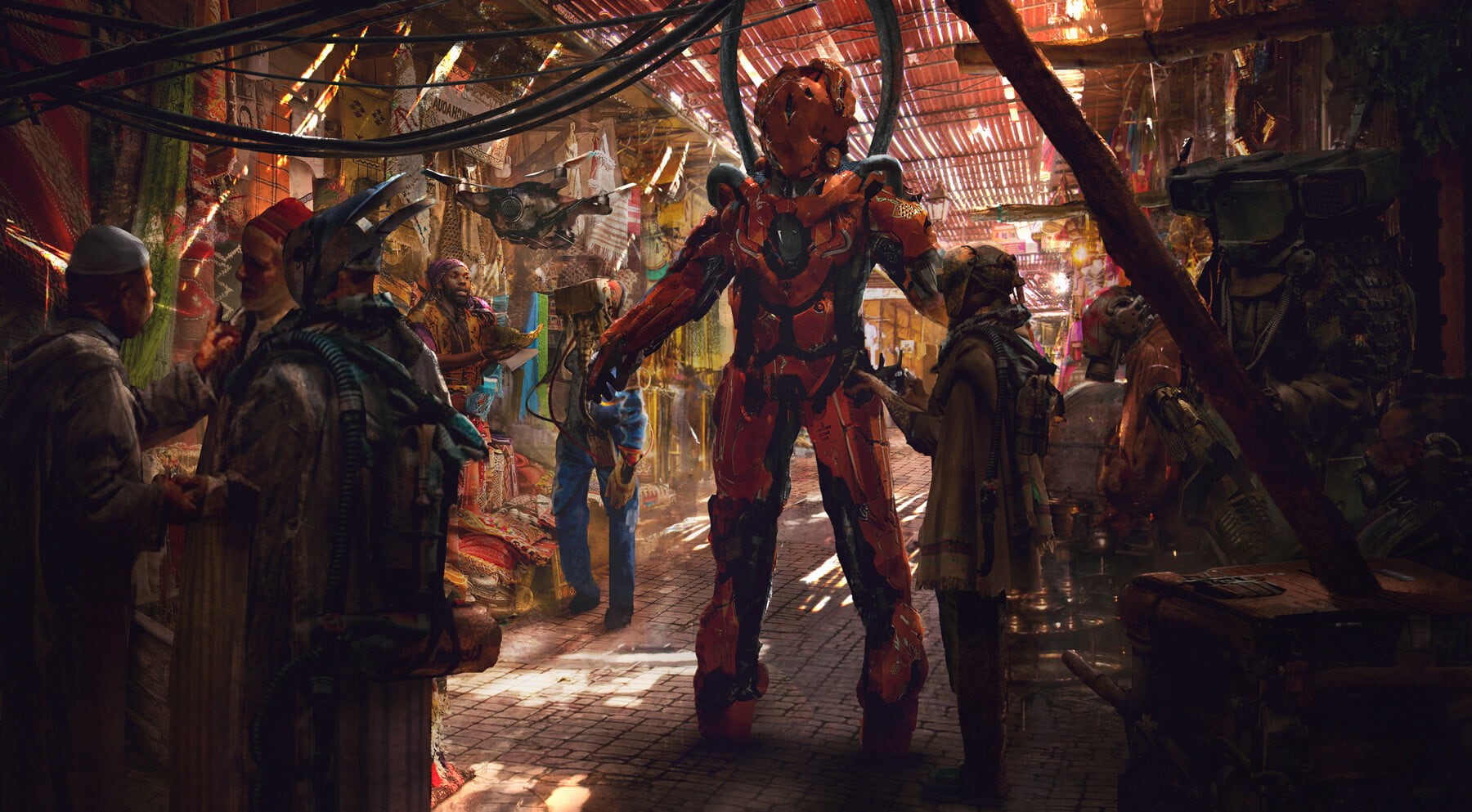 science fiction, 720P, cyberpunk, Eddie Mendoza, cyber, cyborg, robot, drone, Market, artwork, mech, digital, futuristic, HD Wallpaper