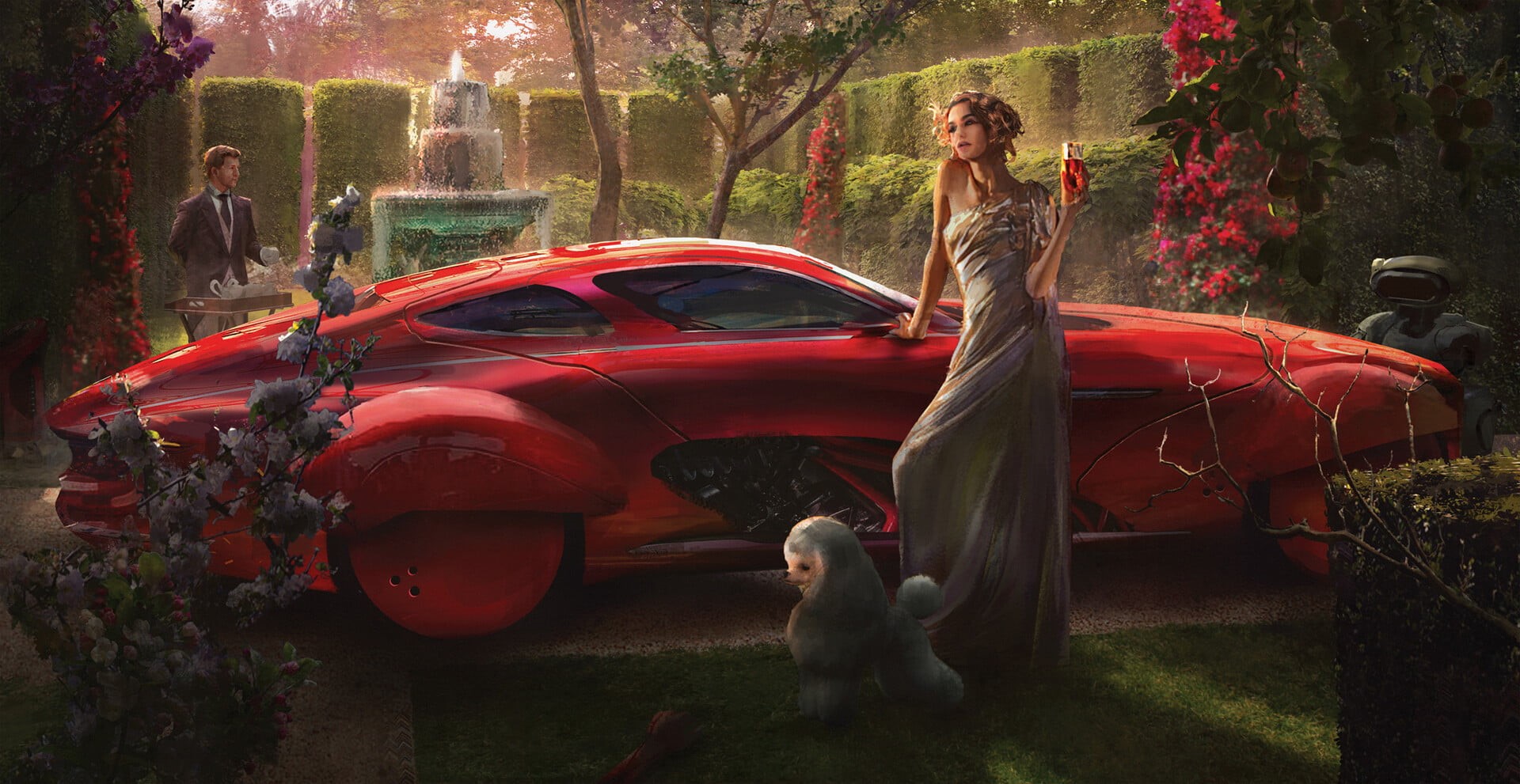 futuristic, Eddie Mendoza, 1080P, artwork, vehicle, car, red cars, women, HD Wallpaper