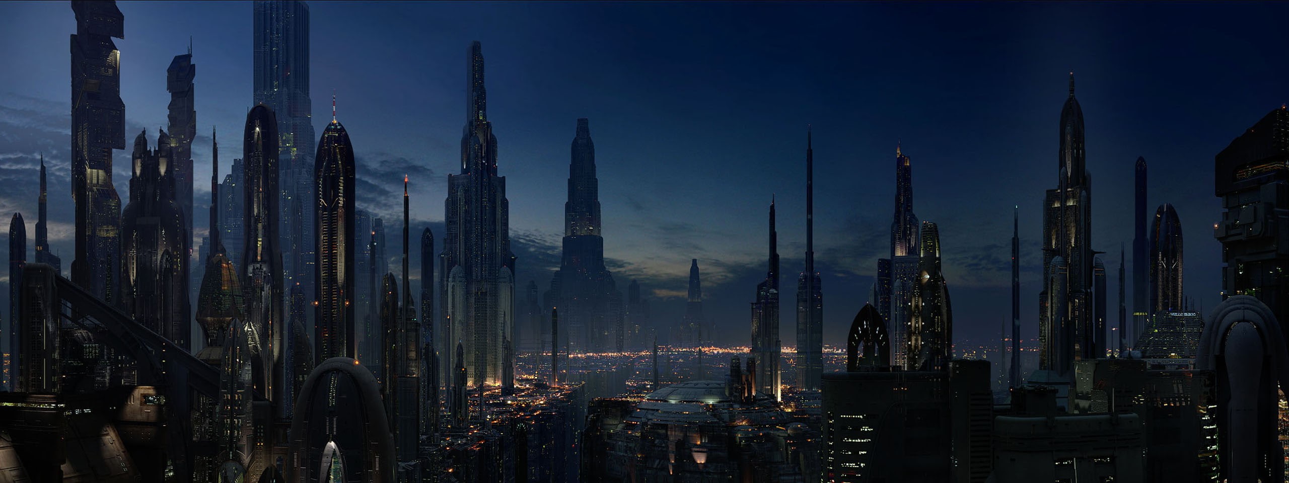wars, star, lighted, black, coruscant, buildings, 2K, movies, city, night, HD Wallpaper