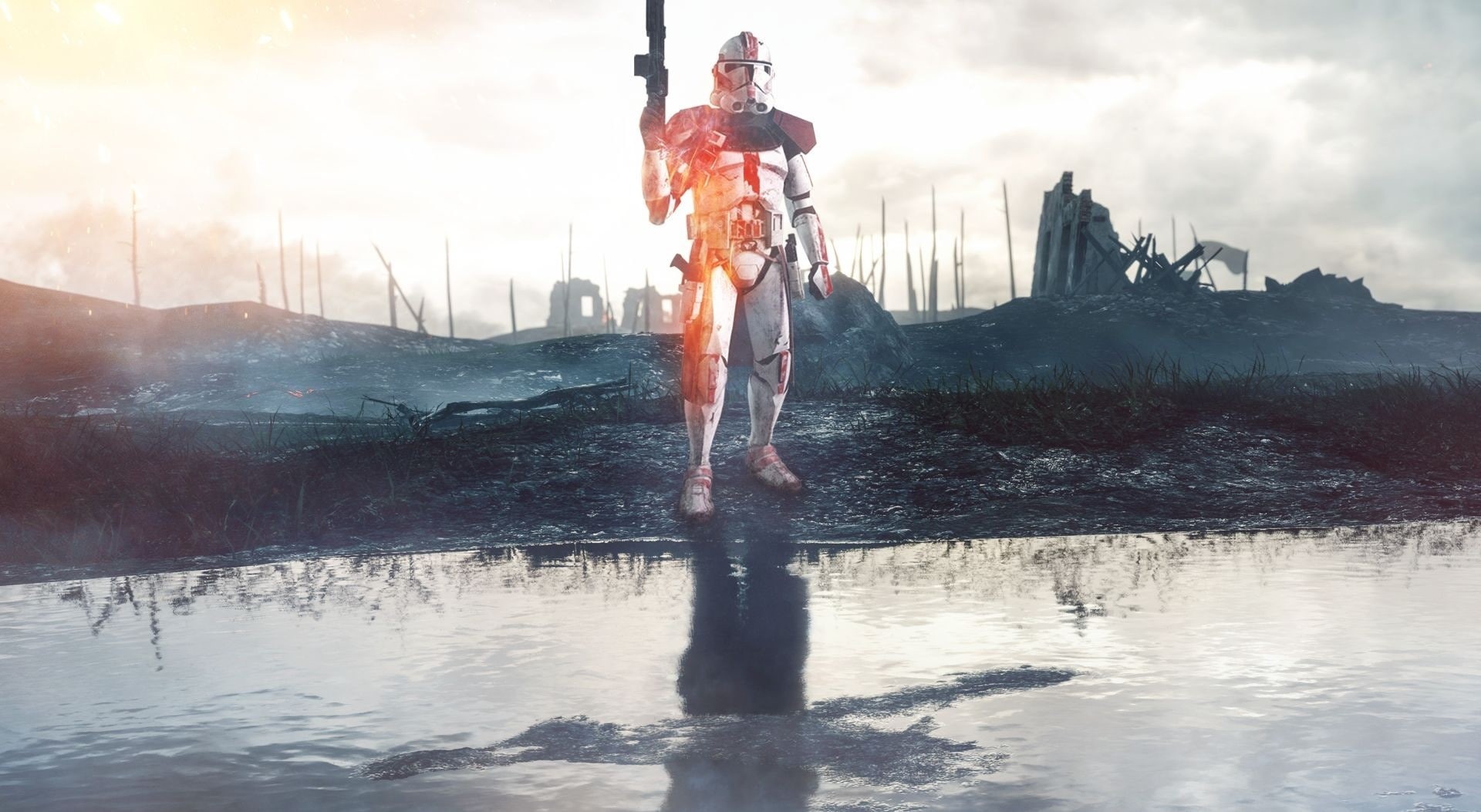 coruscant, waterfront, sky, beauty in nature, bf3, sunlight, full length, trooper, gunship, shooter, scifiction, front view, reflection, water, battlefront 2, HD Wallpaper