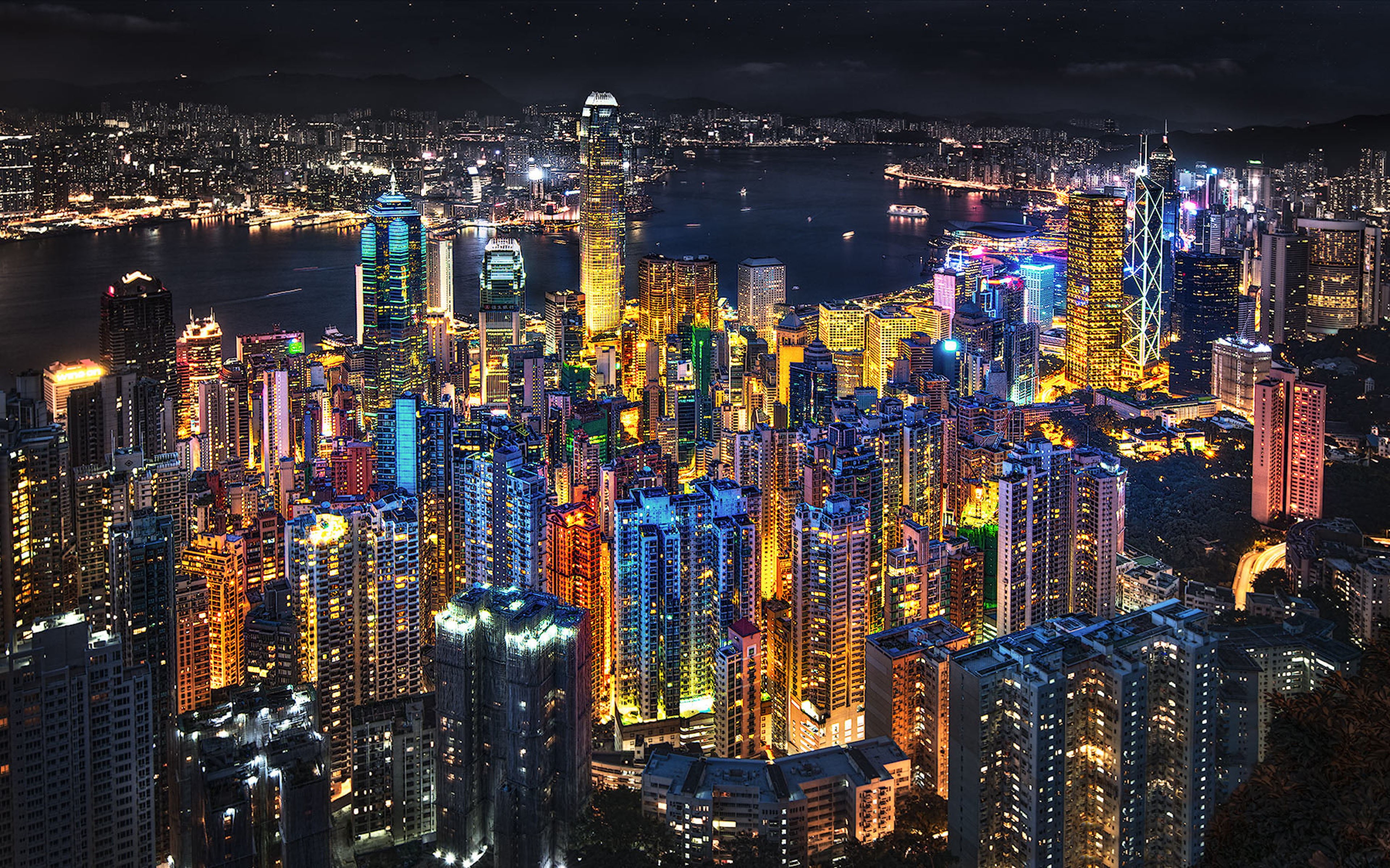 financial district, night, hong, city, illuminated, phones, mobile, desktop, lights, built structure, top, travel destinations, crowd, office building exterior, HD Wallpaper