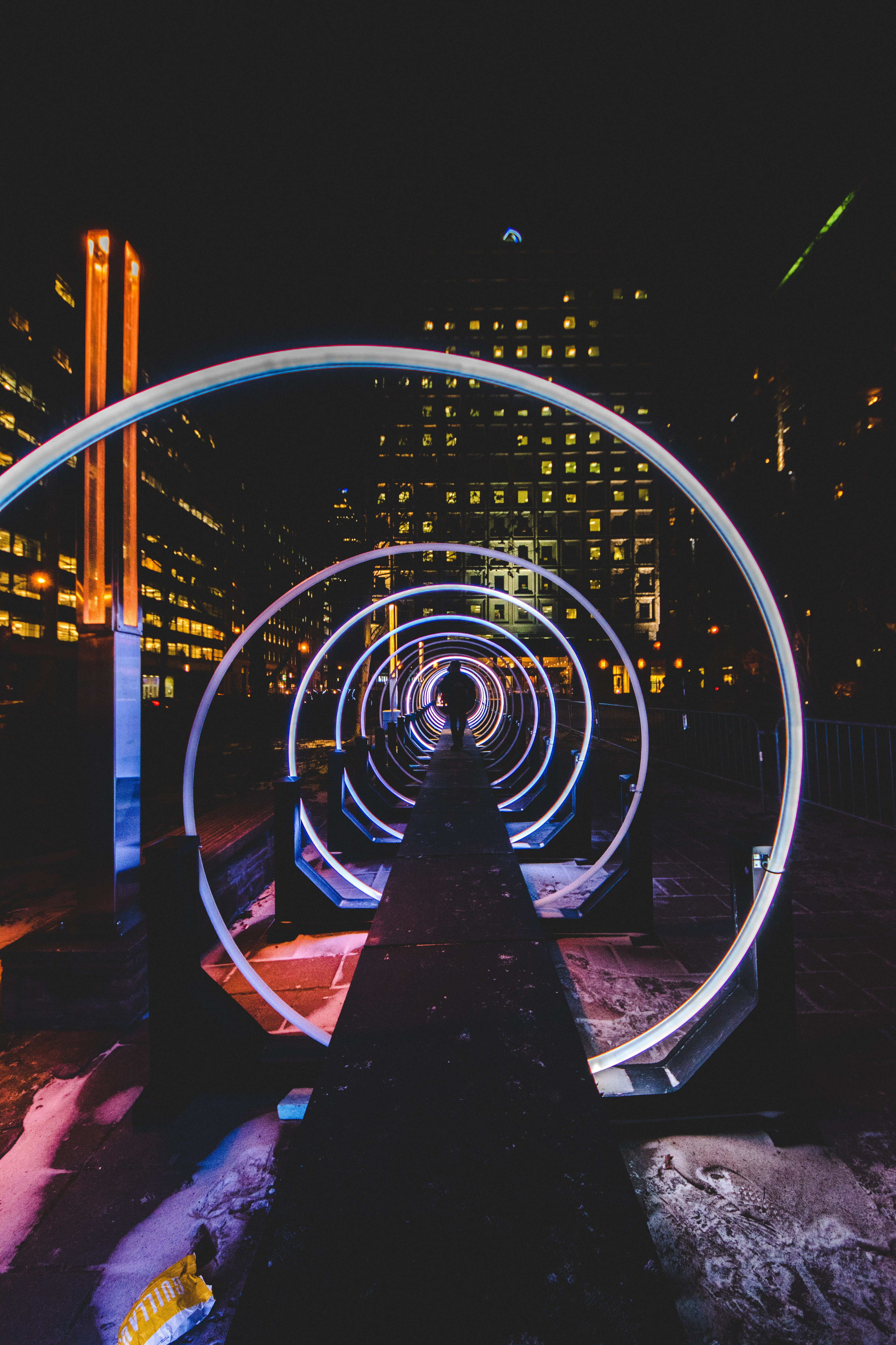 standing, lights, outdoors, building, architecture, nature, long exposure, 5K, building exterior, urban, night, geometric shape, winter, person, portal, Phone HD Wallpaper
