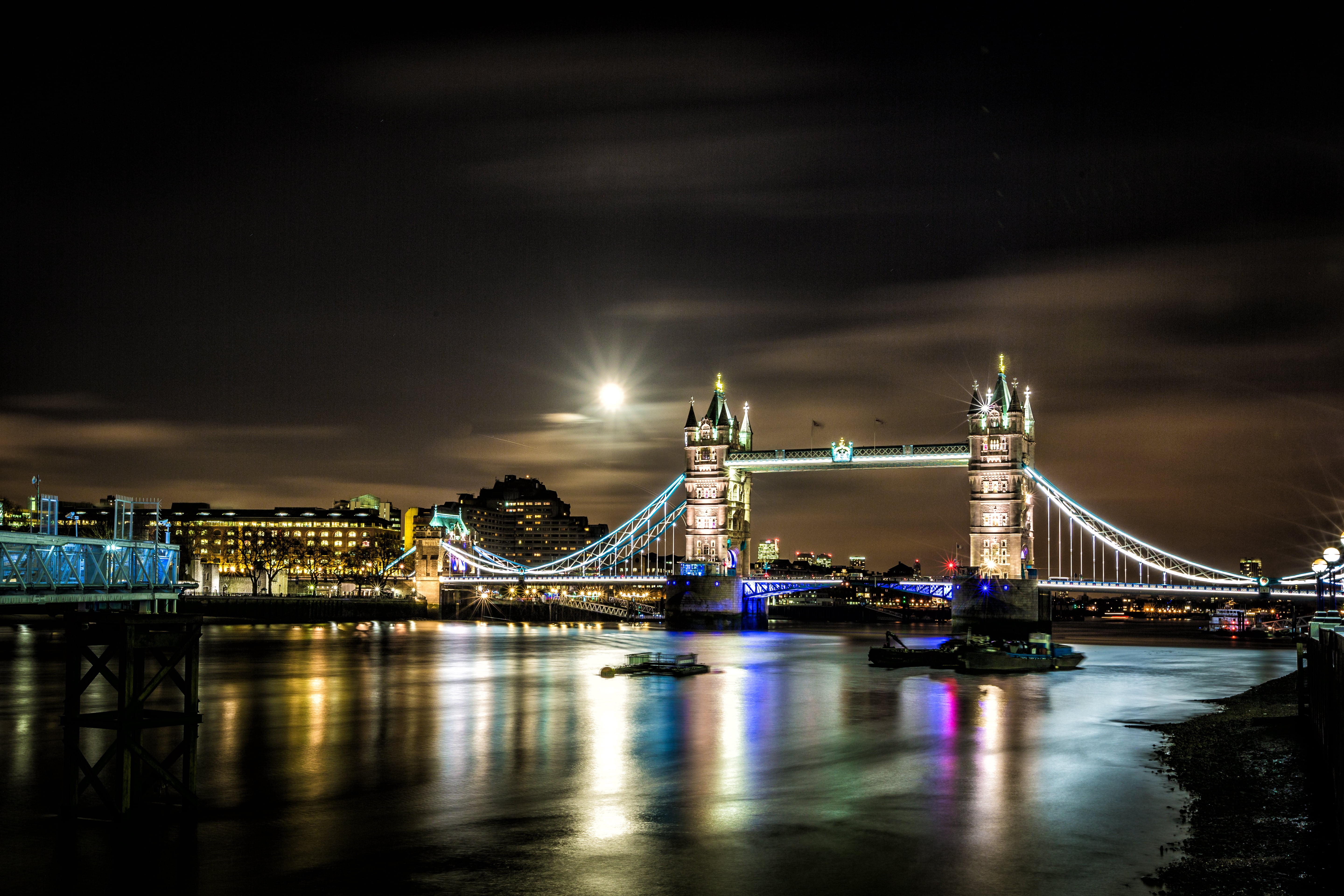 night, national Landmark, uK, Moon, Tower Bridge, london, river, bridge - Man Made Structure, travel, night photography, tourism, capital Cities, canon, HD Wallpaper