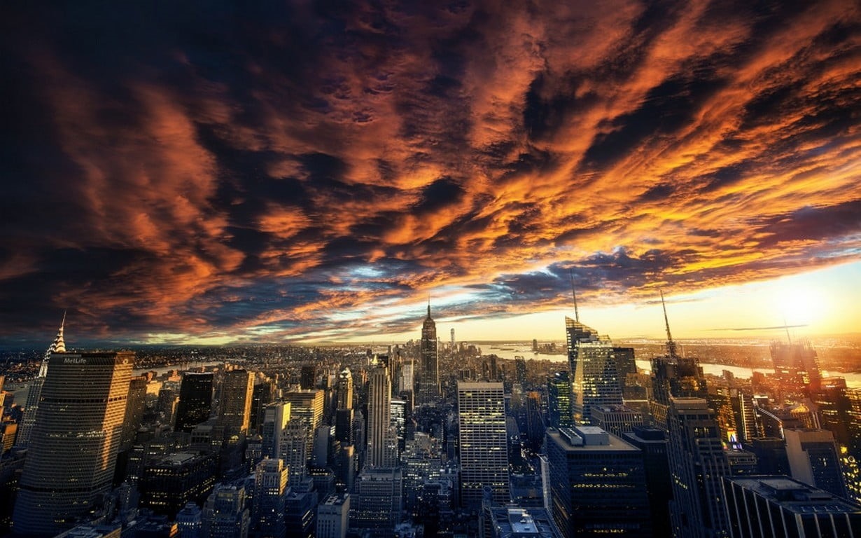 city Life, financial District, york, sunset, dusk, building Exterior, modern, famous Place, New York City, urban, downtown District, uSA, manhattan - New York City, HD Wallpaper