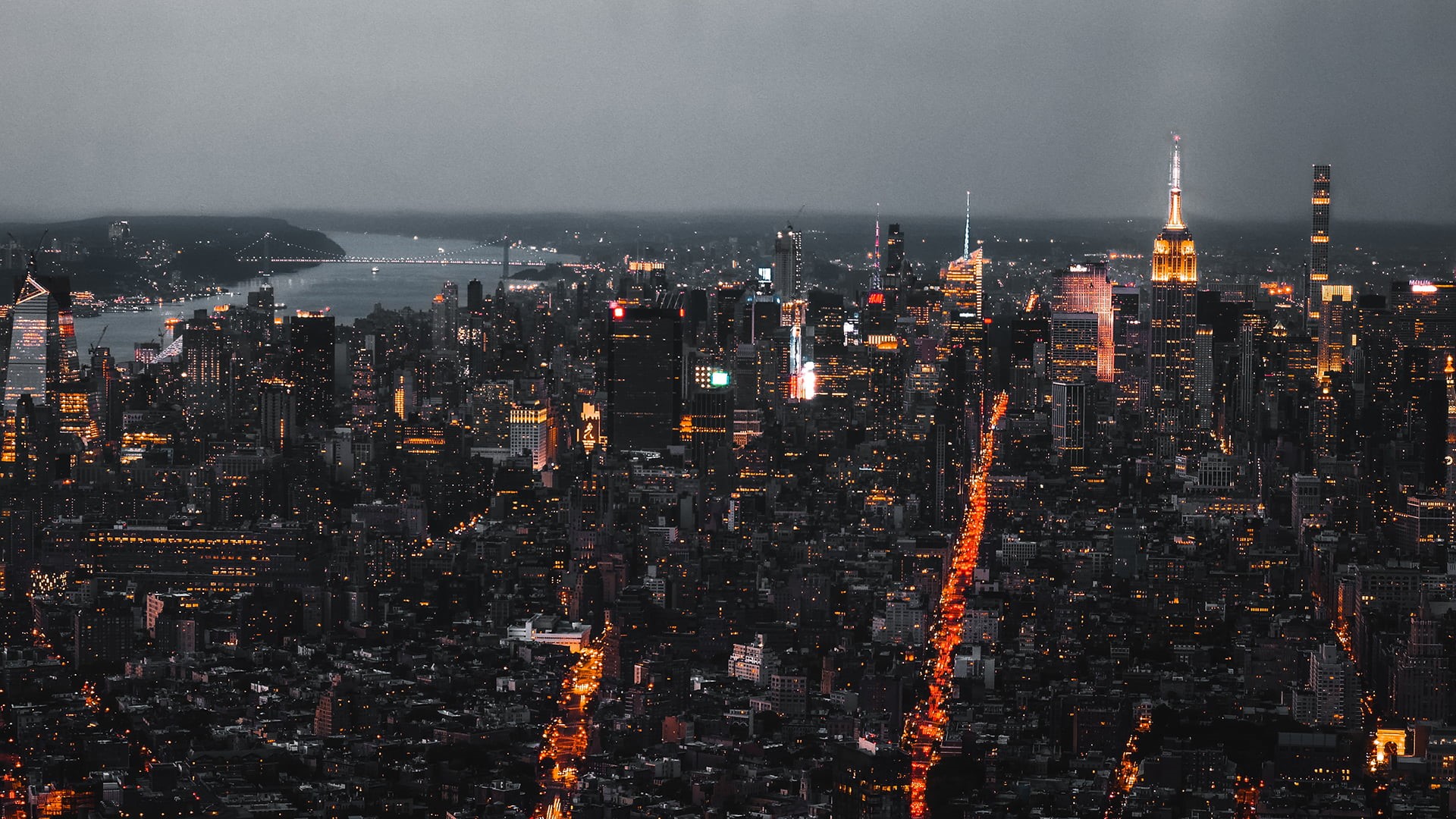 aerial, landscape, air pollution, tall - High, office building exterior, no People, night, midtown Manhattan, urban Skyline, travel, sky, high Angle View, HD Wallpaper