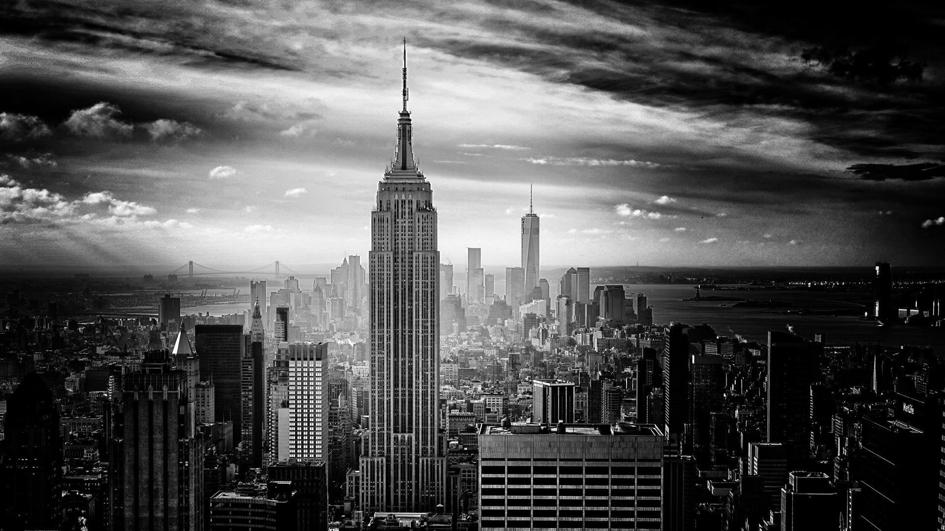 black and white, usa, photography, cityscape, photo, new york city, united states, 1080P, empire state building, monochrome, HD Wallpaper