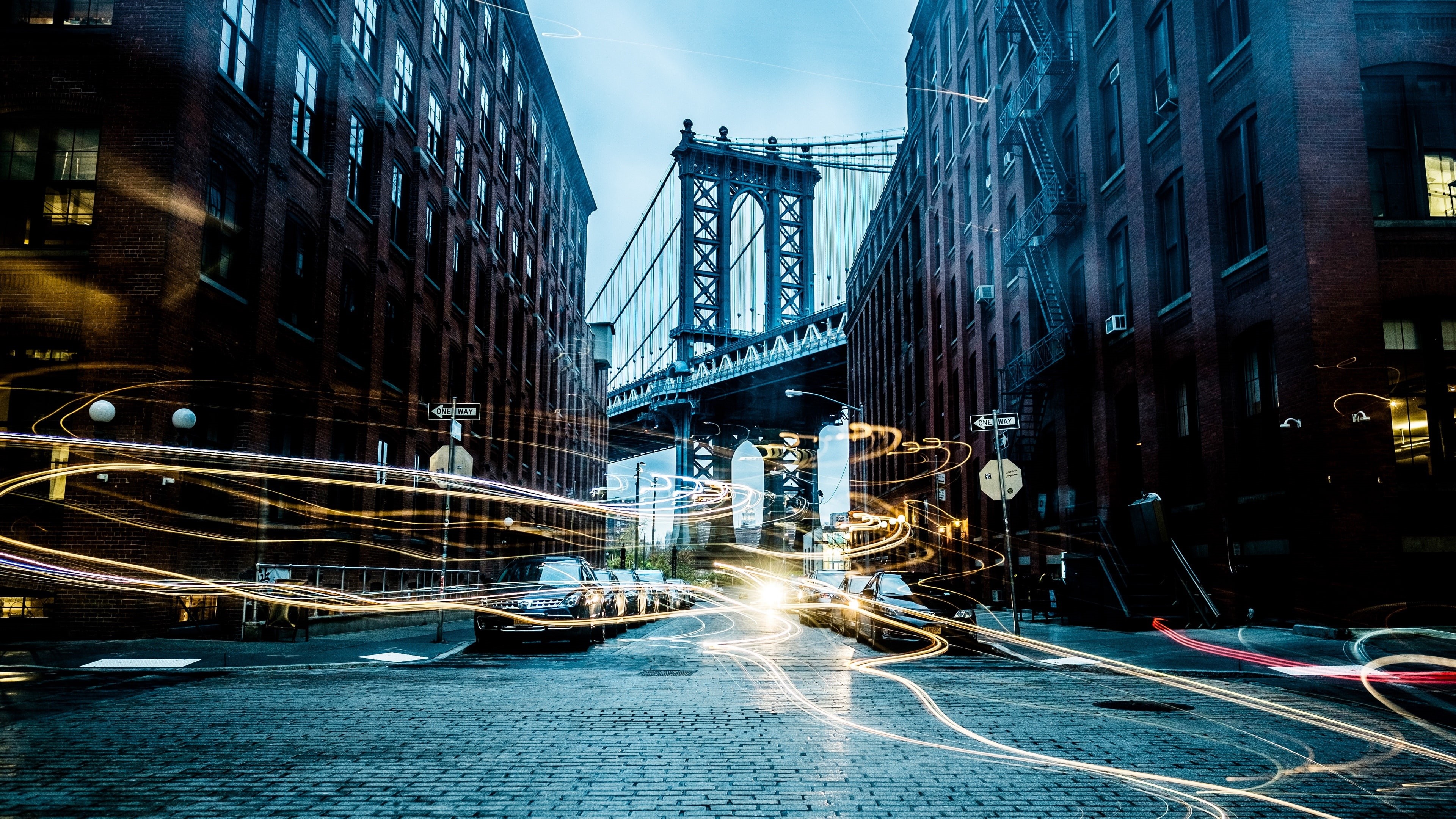 dumbo, long exposure, photography, united states, new york, bridge, street, long exposure photography, light trails, brooklyn, manhattan bridge, 4K, usa, HD Wallpaper