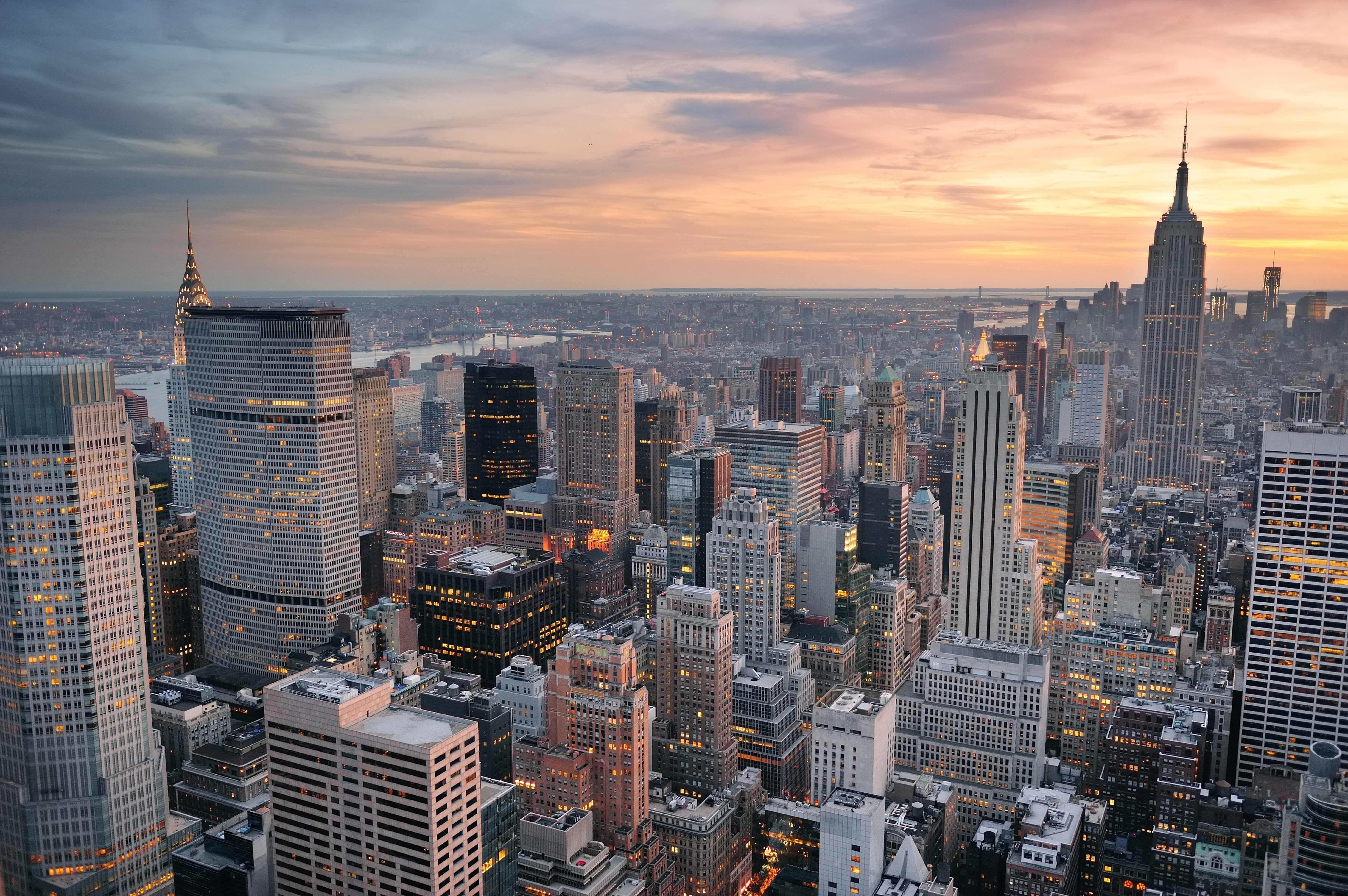area, buildings, new, sunset, building exterior, financial district, building, tourism, cloud - sky, spire, Empire State Building, urban, built structure, HD Wallpaper