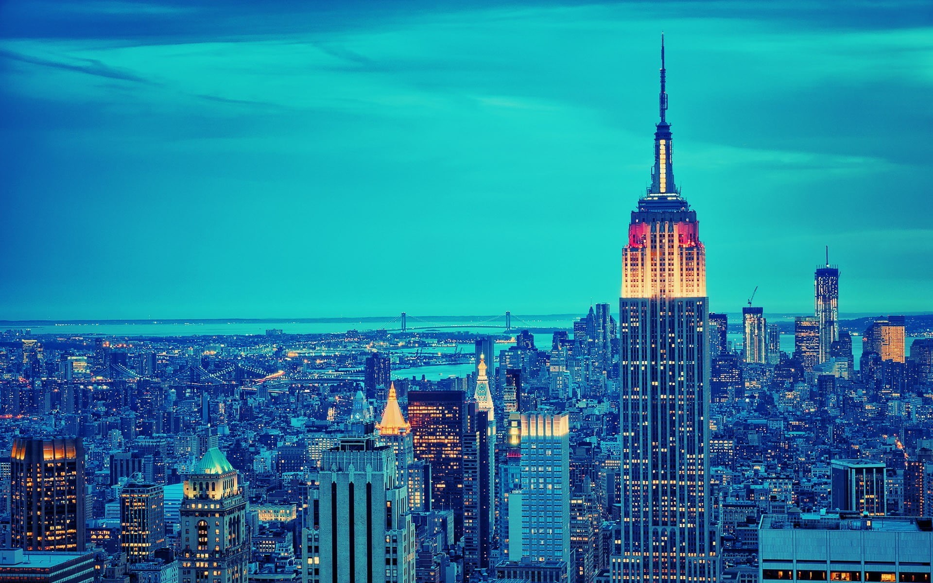 new, york, sky, tower, Empire State Building, tall - high, New York City, crowd, blue, built structure, 1080P, travel destinations, office building exterior, HD Wallpaper