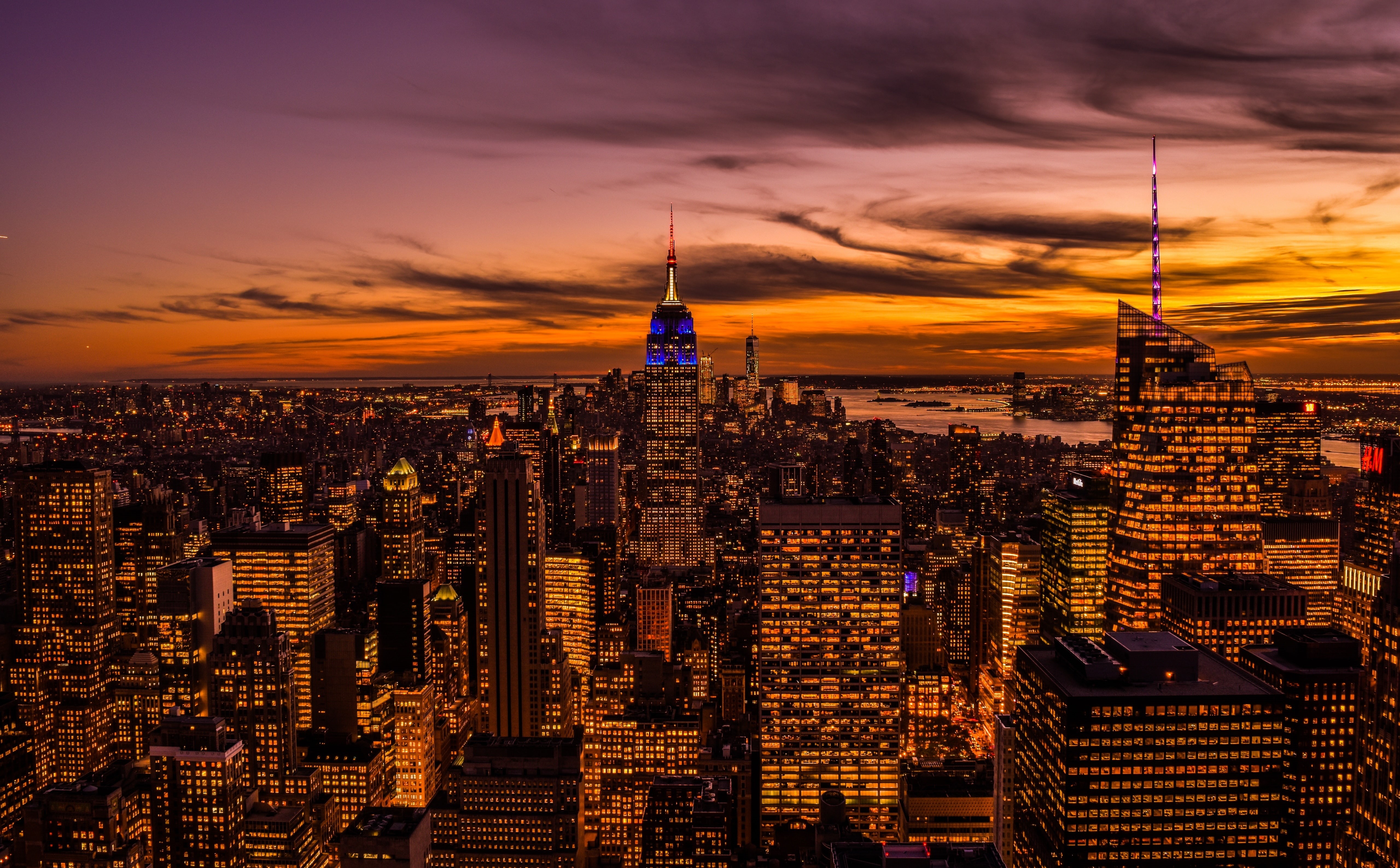 modern, built structure, Lights, sky, empirestate, landscape, cloud - sky, Manhattan, urban skyline, state, illuminated, visit, no people, Tour, travel destinations, HD Wallpaper
