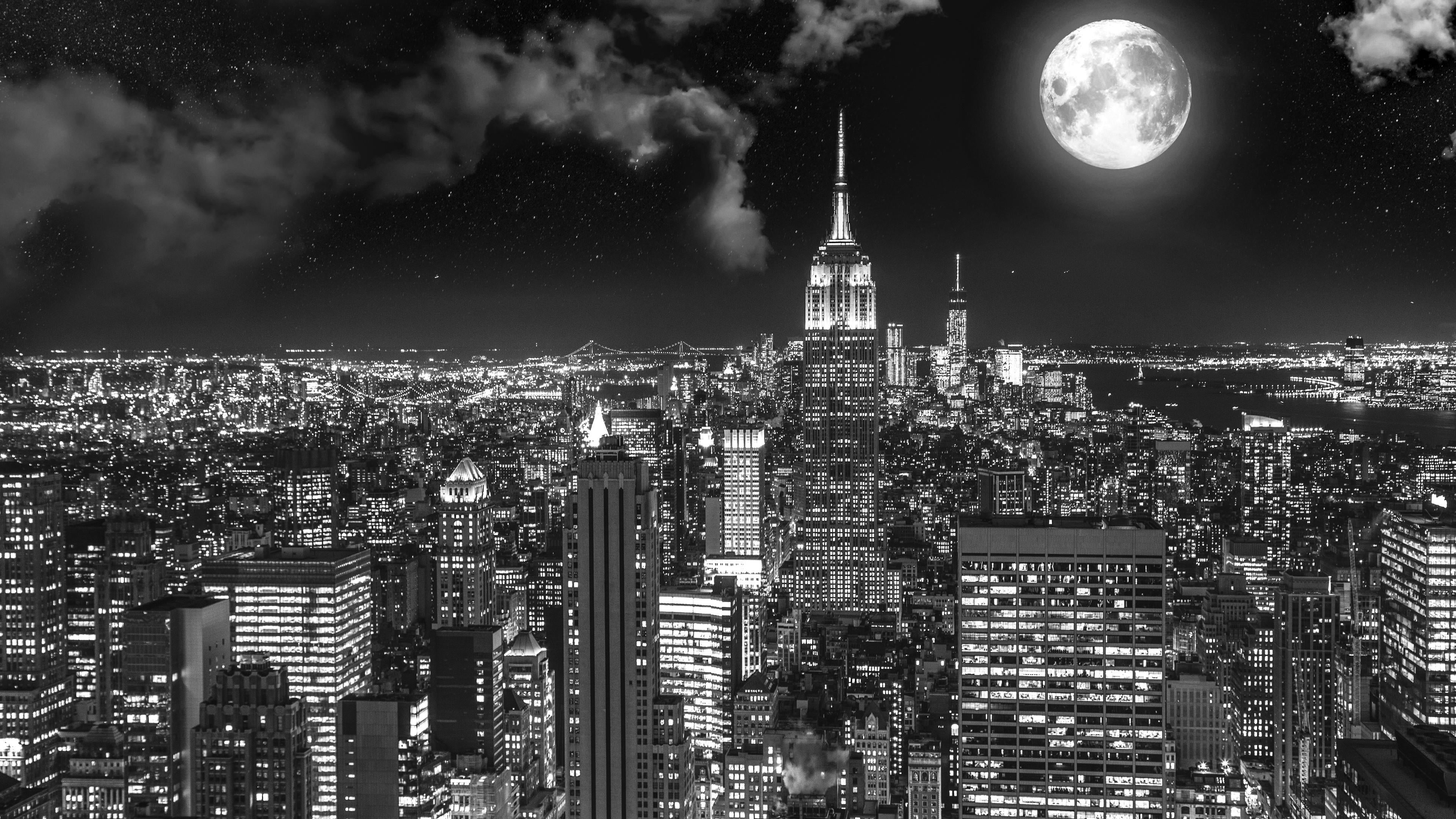 cityscape, landscape, empire state building, skyscraper, architecture, outdoors, full moon, city, night sky, landmark, illuminated, building exterior, new york, HD Wallpaper