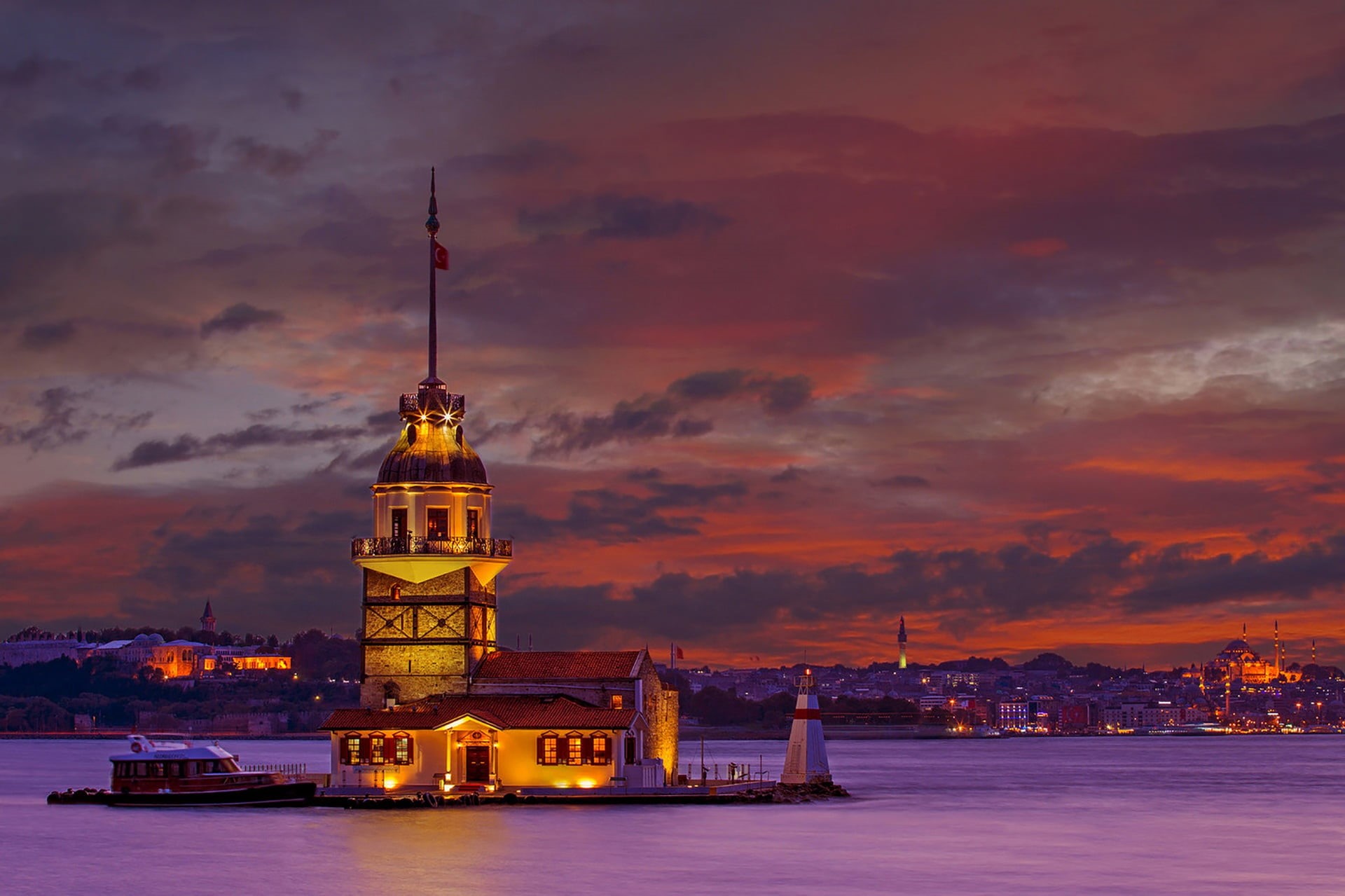 sunset, spire, Leanders Tower, night, travel destinations, Istanbul, outdoors, sky, tourism, dusk, tall - high, water, Hagia Sophia, waterfront, architecture, HD Wallpaper