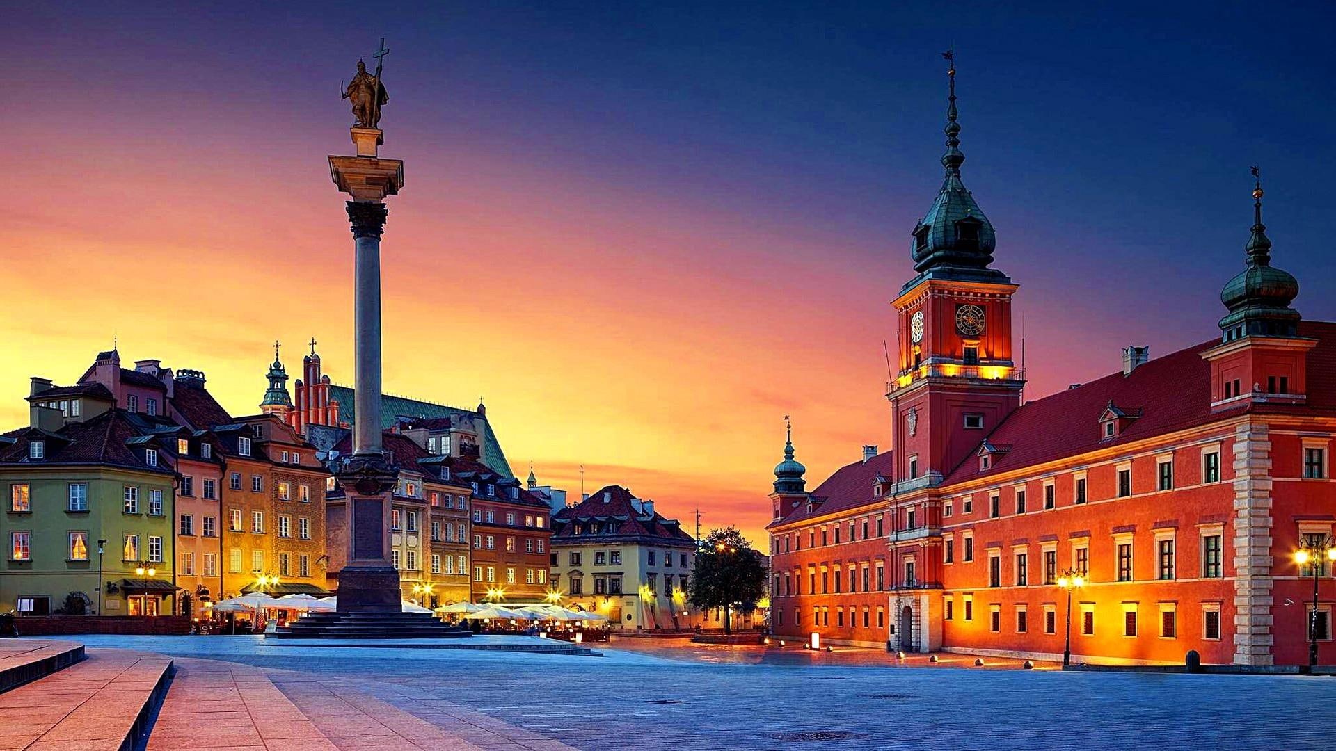 warsaw, night, capital city, view, castle square, twilight, night lights, scene, 1080P, panorama, poland, cityscape, old town, europe, street, HD Wallpaper
