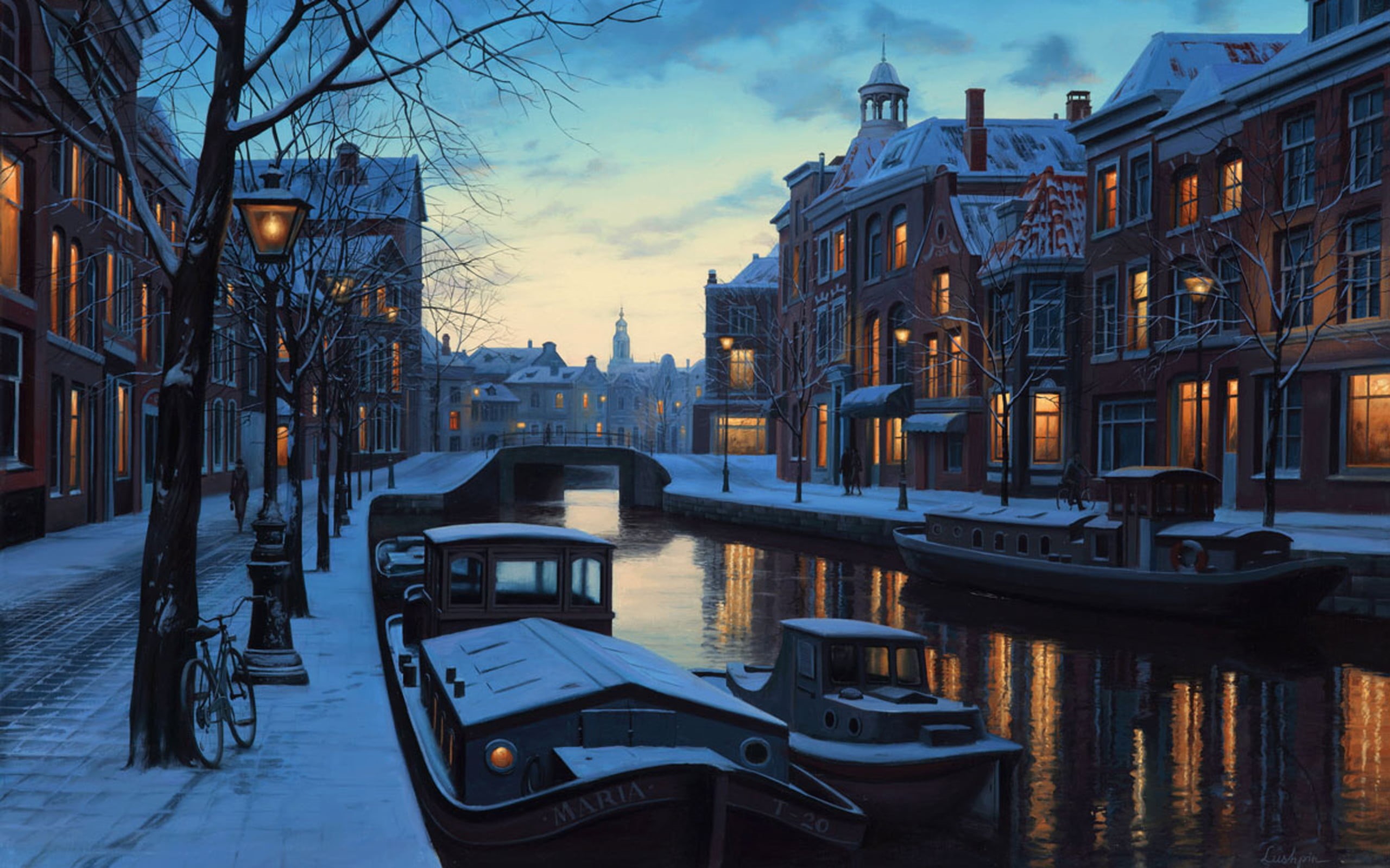 street, painting, illuminated, bridge, architecture, night, cityscape, evening, history, building Exterior, tourism, reflection, urban Scene, winter, brown, HD Wallpaper