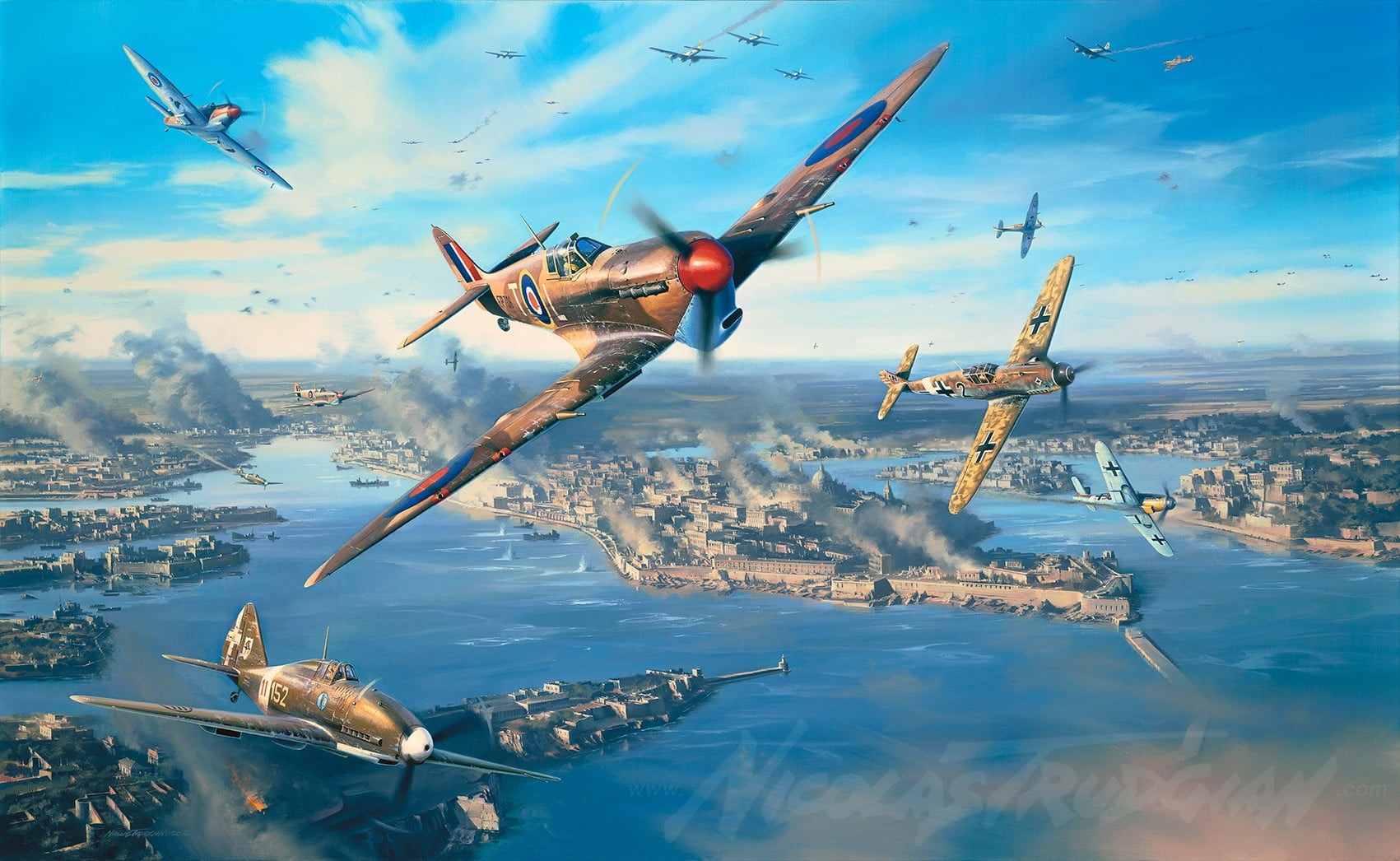 mid-air, cloud - sky, no people, sea, daytime, Supermarine Spitfire, Luftwaffe, dogfight, Royal Airforce, flying, animal, animal wildlife, day, airplane, HD Wallpaper