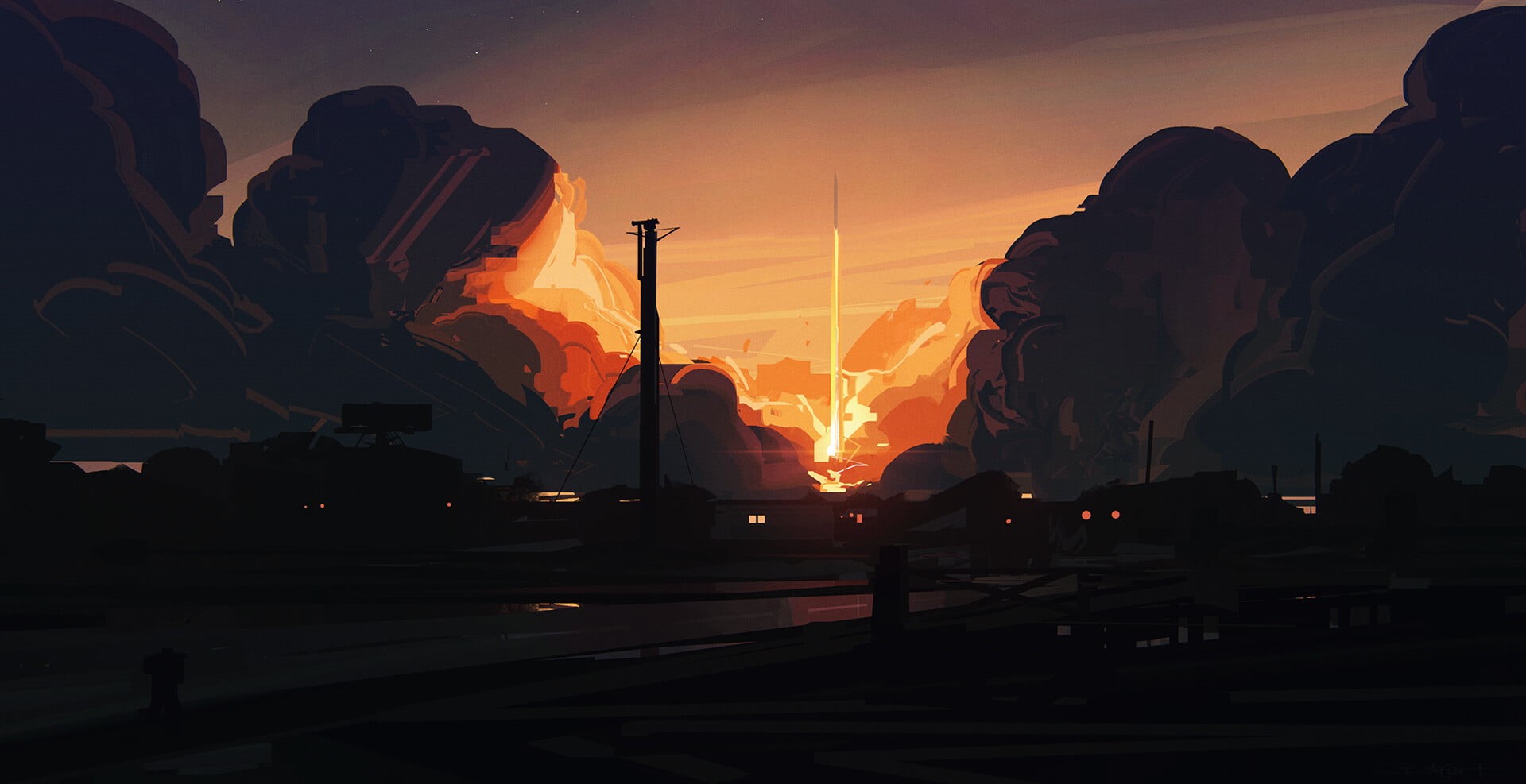 Bastien Grivet, 1080P, clouds, digital art, smoke, rocket, sunset, HD Wallpaper