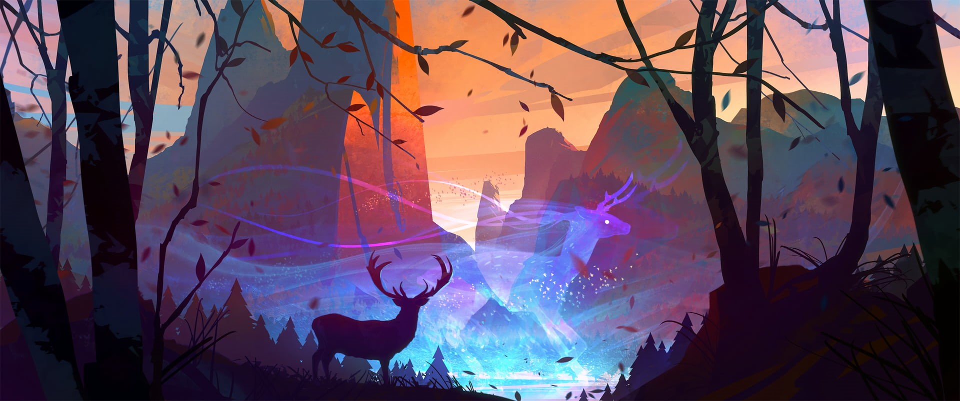 rocks, animals, digital art, deer, trees, 1080P, Bastien Grivet, illustration, sky, forest, mountains, artwork, HD Wallpaper