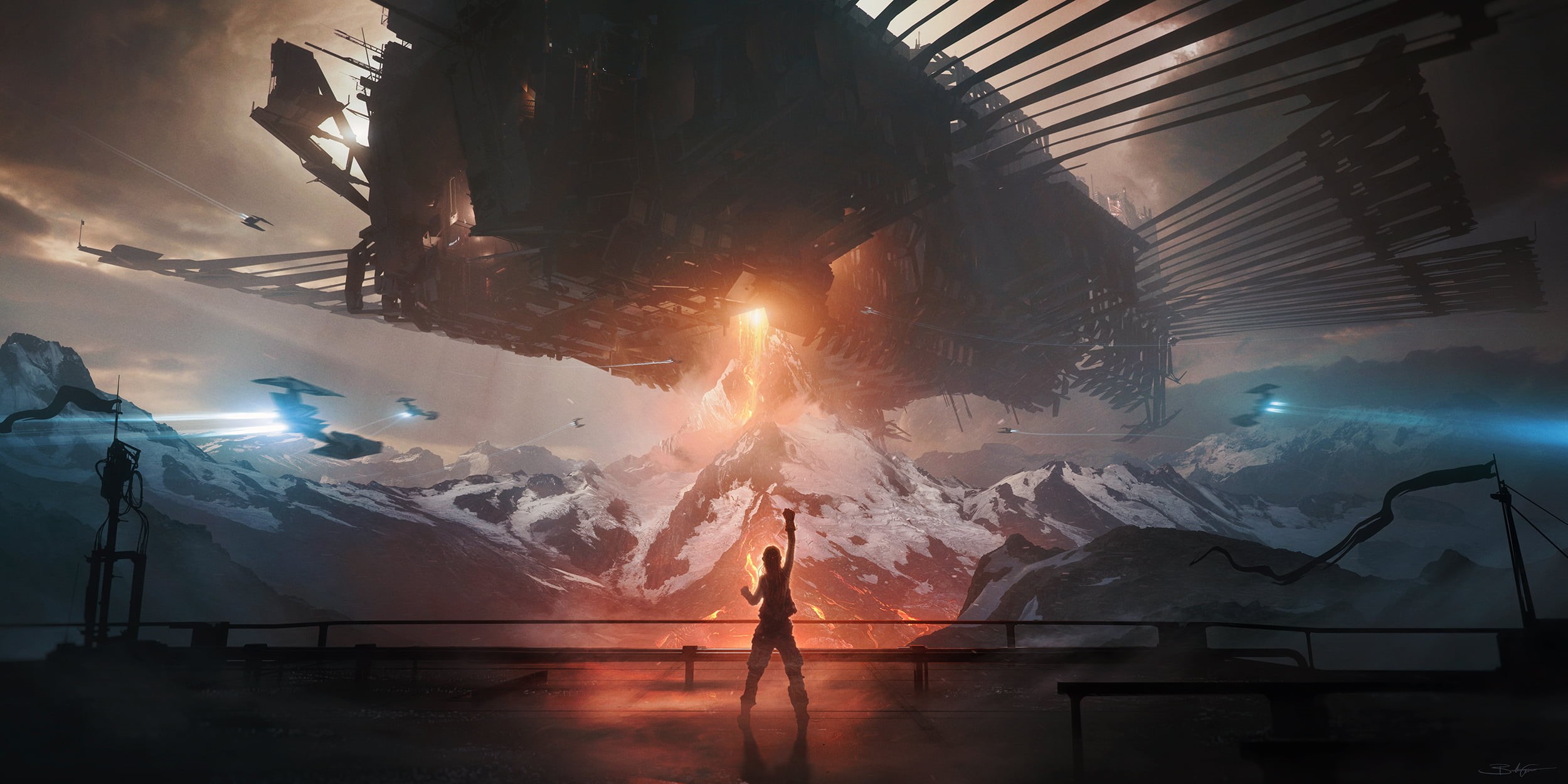 women, digital art, Bastien Grivet, 1080P, fantasy art, mountains, science fiction, robot, HD Wallpaper