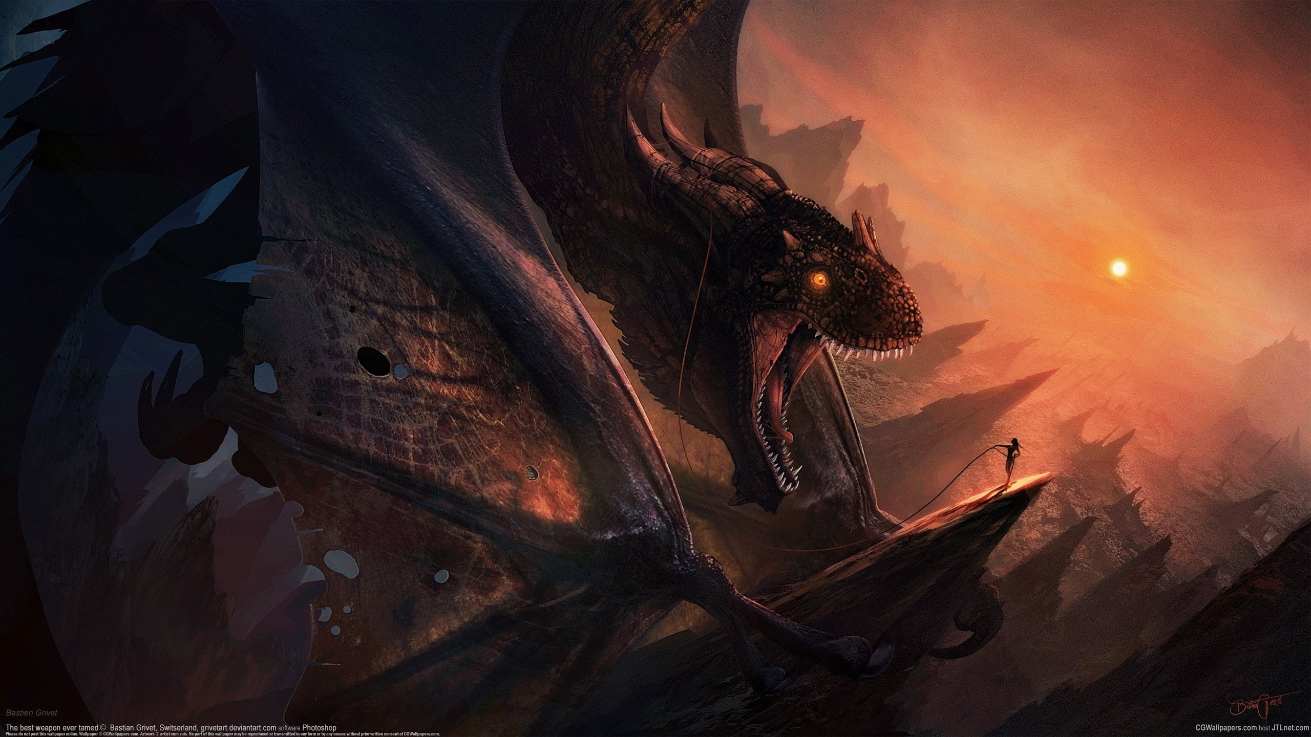 bastien, girl, 2K, dragon, Grivet, HD Wallpaper