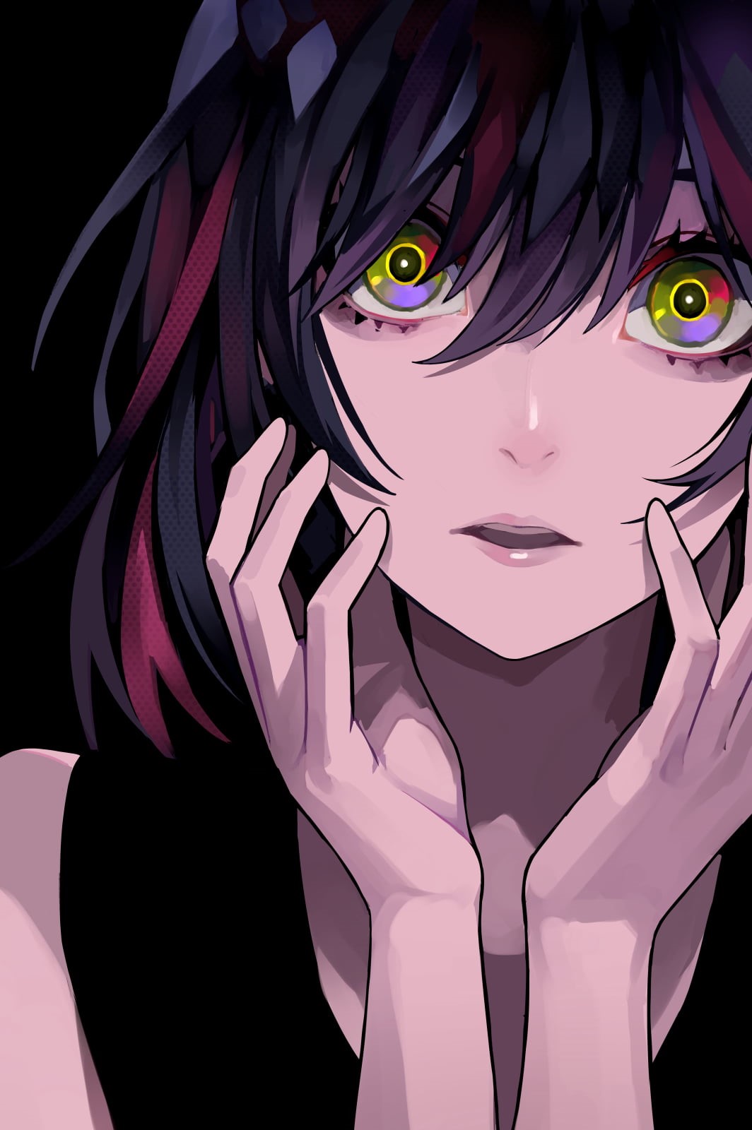 touching face, anime girls, open mouth, black background, dark, shoulder length hair, digital art, LAM, artwork, drawing, portrait display, original characters, Phone HD Wallpaper