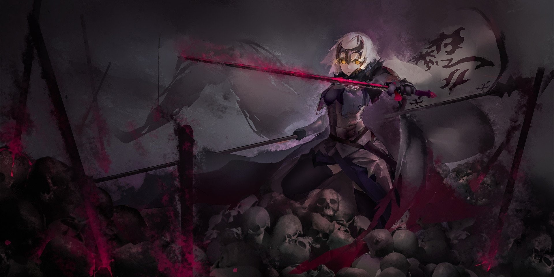 Jeanne dArc Alter, Woman Warrior, Yellow Eyes, Short Hair, Lance, White Hair, Fate Series, Sword, Fate/Grand Order, 1080P, Jeanne dArc (Fate Series), Fate (Series), HD Wallpaper