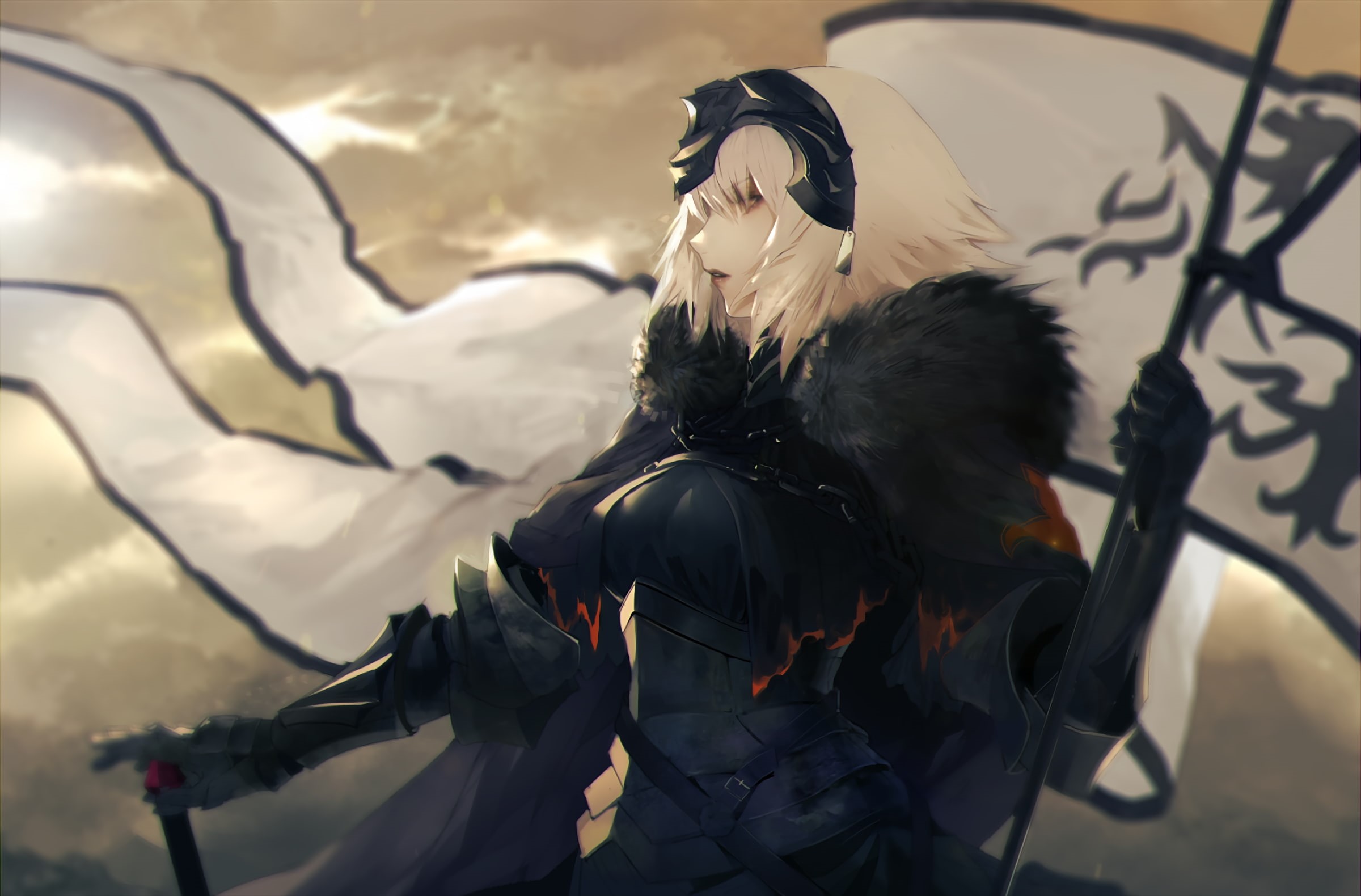 flag, Fate Series, anime girls, Avenger (Fate/Grand Order), short hair, anime, knight, sword, Jeanne (Alter) (Fate/Grand Order), blond hair, Fate/Grand Order, HD Wallpaper