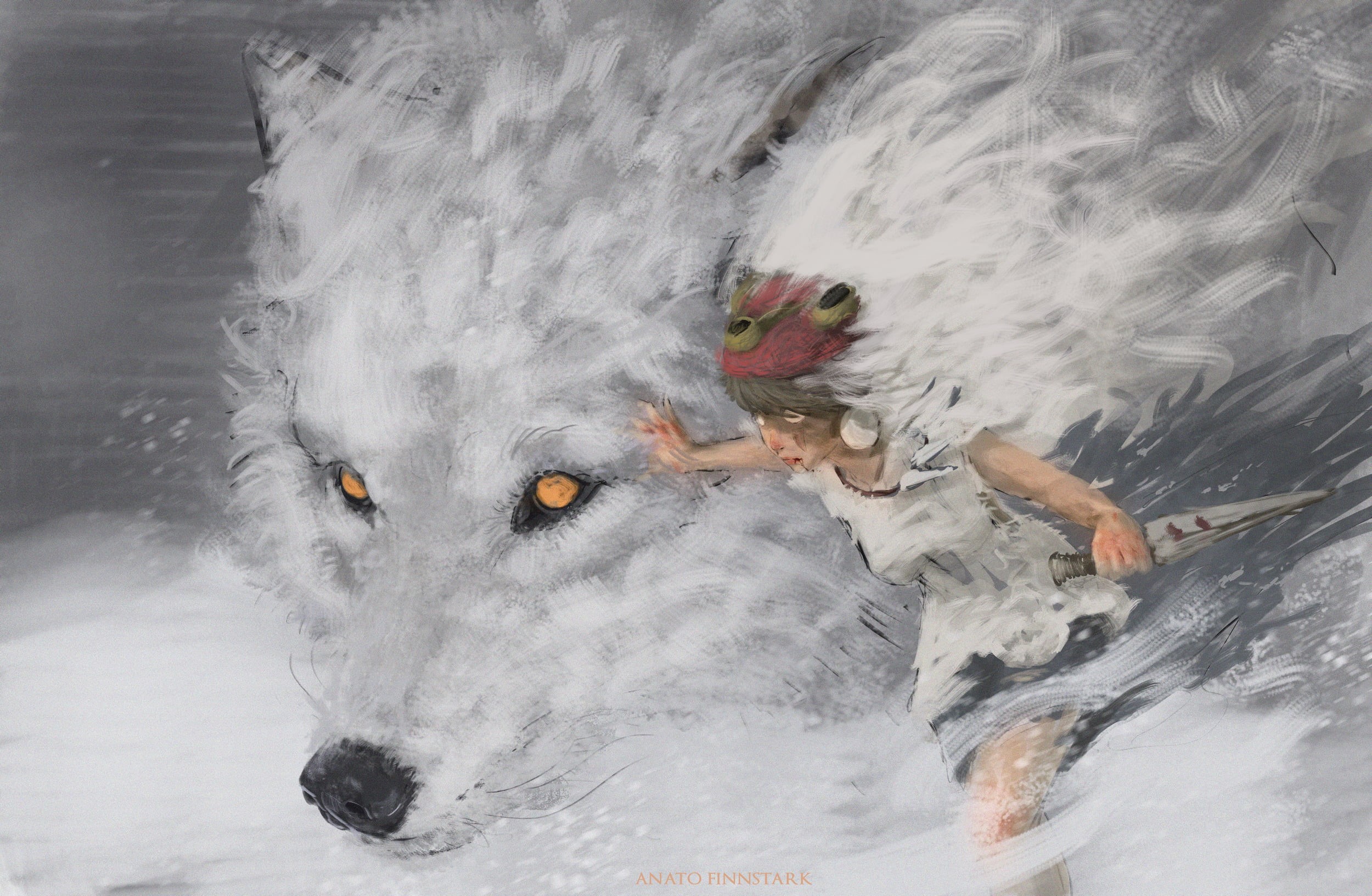Mononoke, snow, women, Princess Mononoke, winter, snowing, Anato Finnstark, anime, fantasy art, anime girls, fan art, weapon, drawing, digital painting, HD Wallpaper