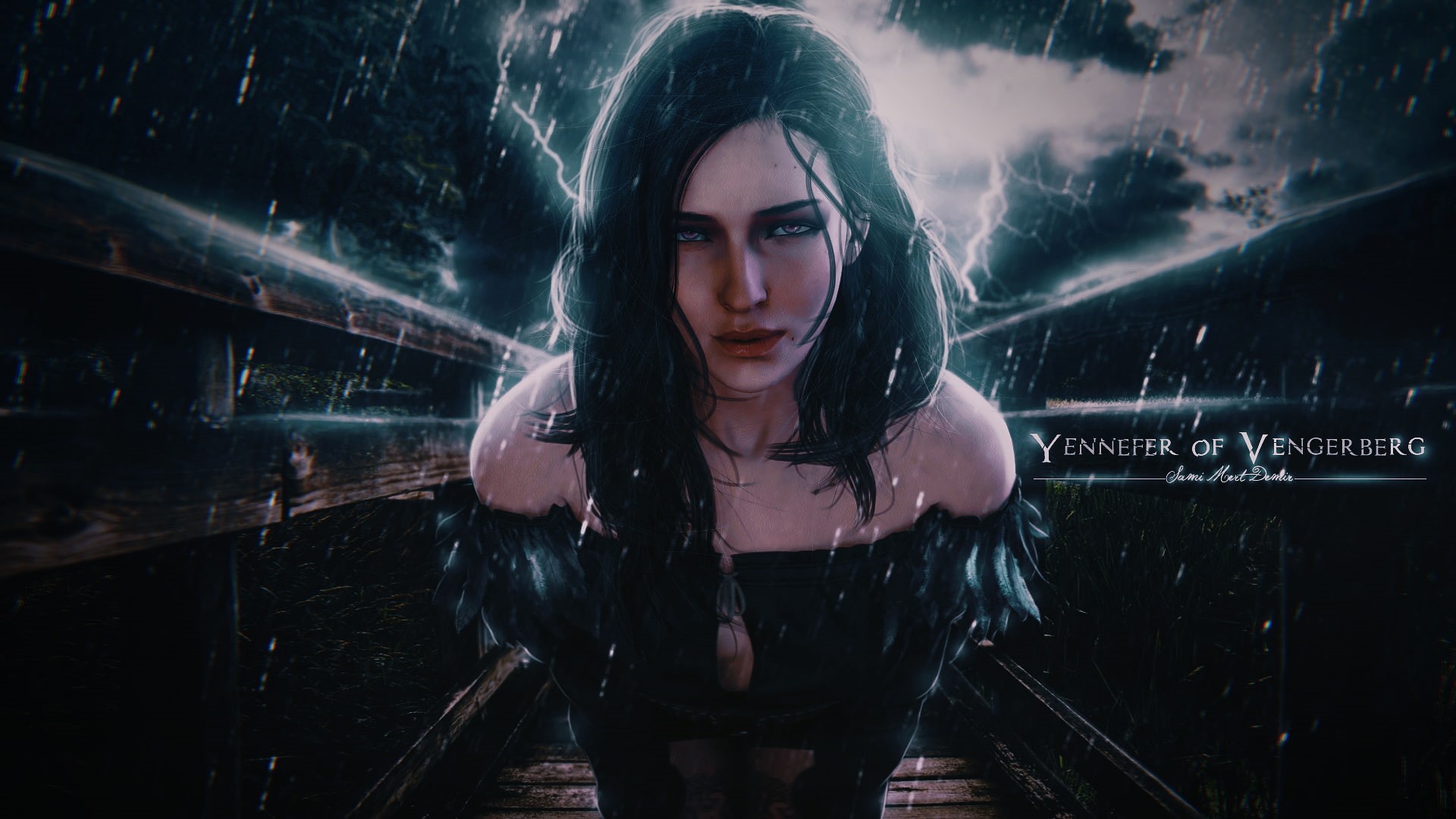 The Witcher, 1080P, video games, The Witcher 3: Wild Hunt, photo manipulation, Yennefer of Vengerberg, rain, lightning, fantasy girl, HD Wallpaper