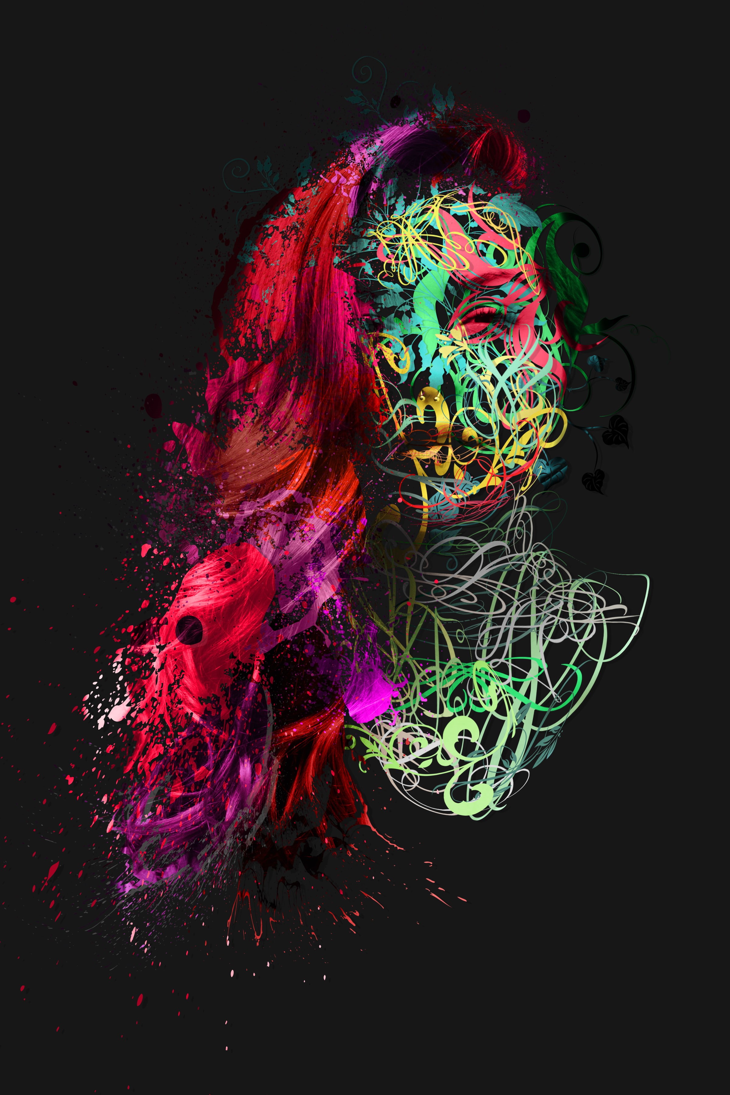 indoors, complexity, Photoshop, photo manipulation, technology, digital art, 3D Abstract, creativity, multi colored, flowing, face, 2K, floral, paint, Phone HD Wallpaper