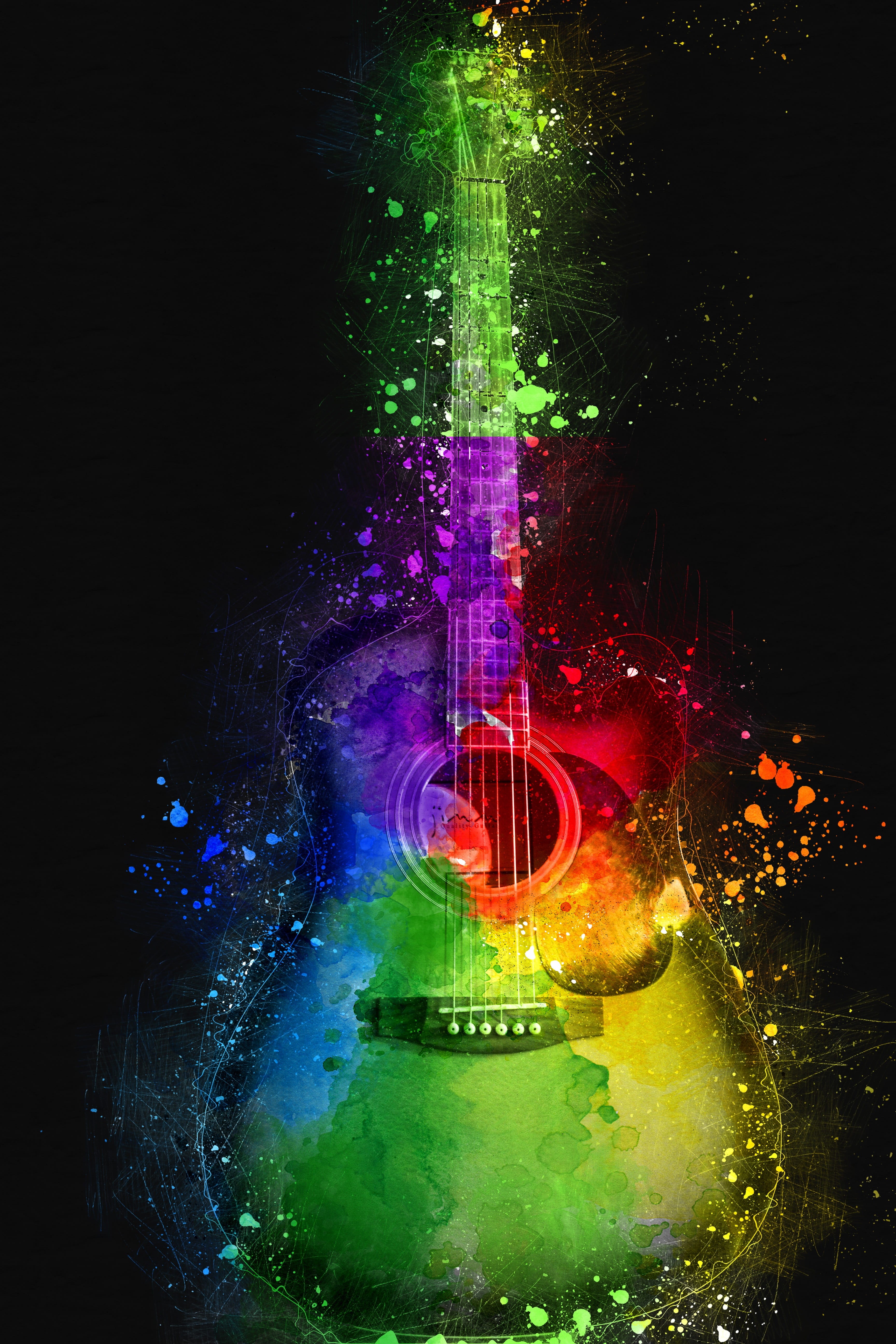 cutaway, indoors, musical instrument, multi colored, digital manipulation, 5K, splashing, rock, red, black background, sound, acoustic guitar, motion, Phone HD Wallpaper