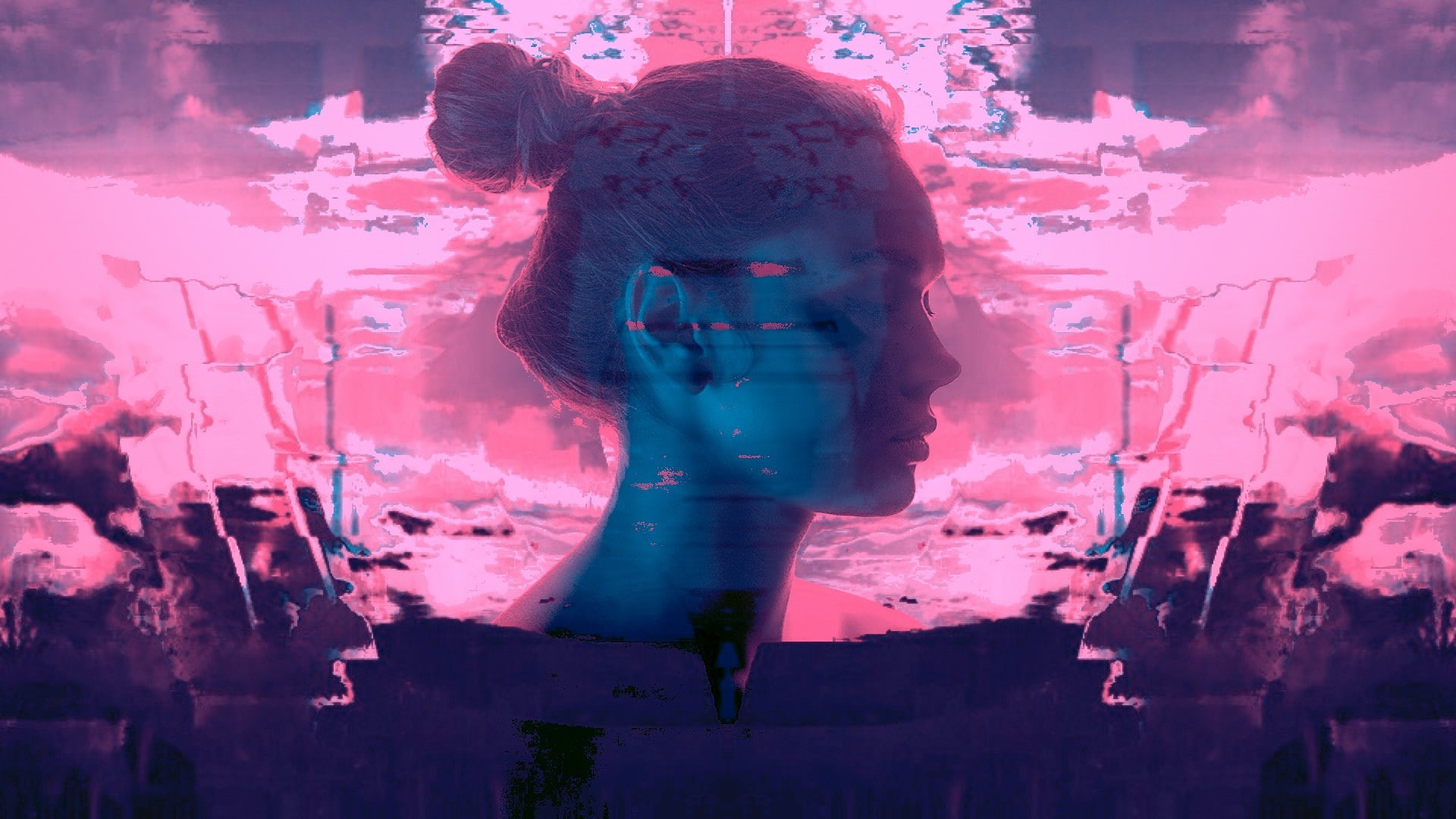 women, glitch, closed eyes, vaporwave, glitch art, 1080P, closed, art, eyes, HD Wallpaper