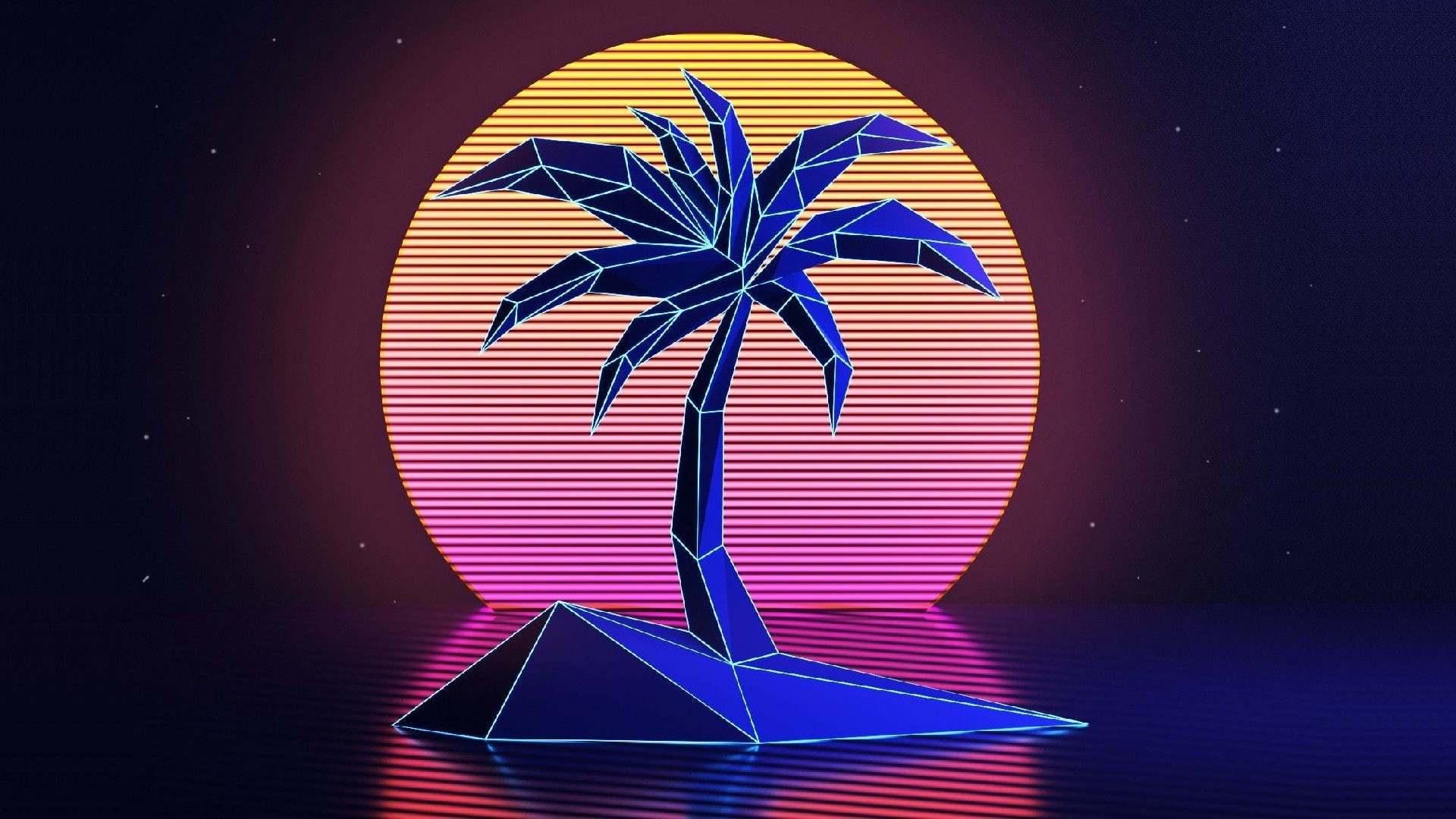 1080P, blue, shape, brightly lit, vhs palm trees 1980s new retro wave retro style vintage sunset vaporwave neon, night, finance, lighting equipment, vibrant color, HD Wallpaper