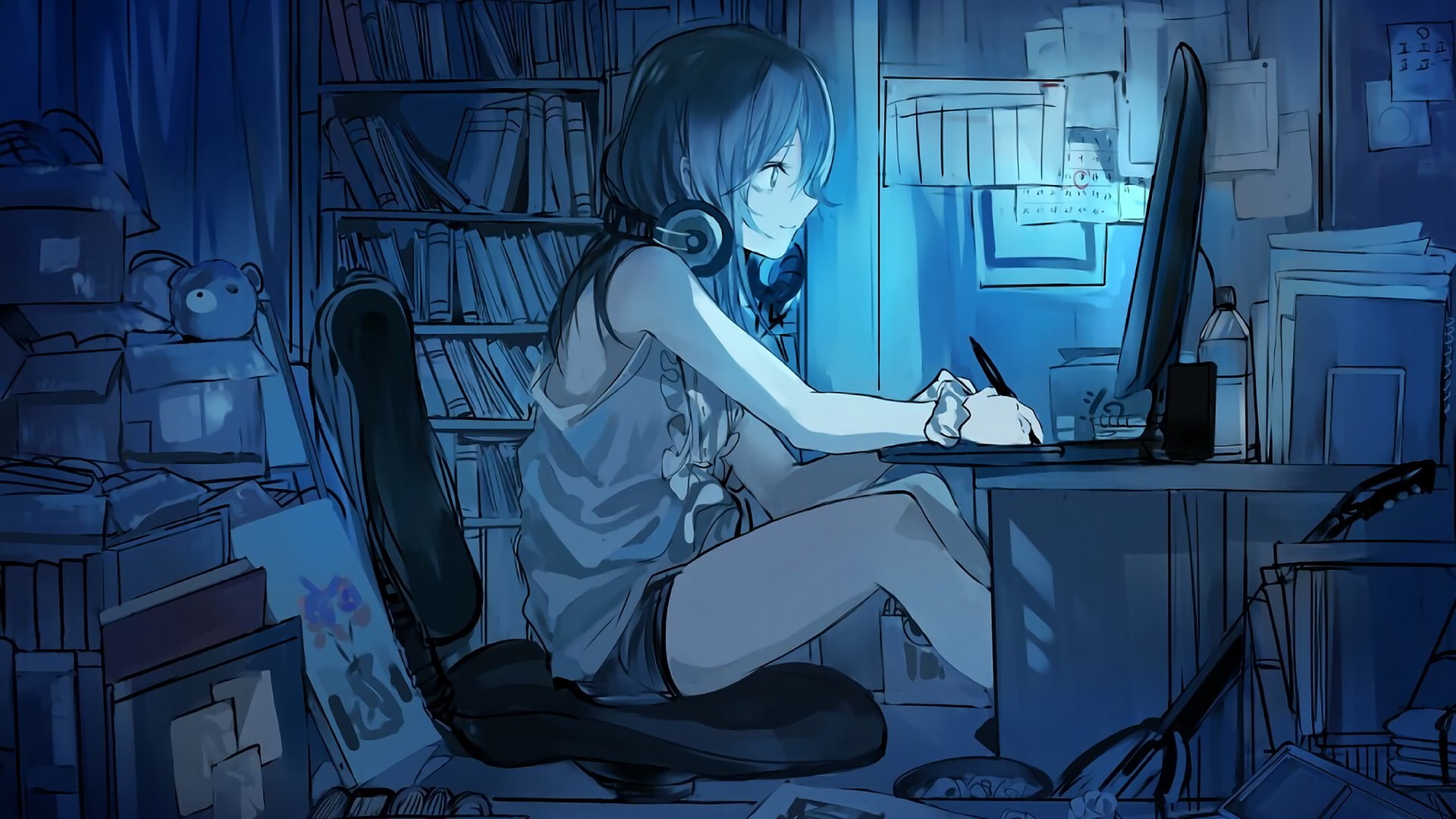 1080P, computer, headphones, anime girls, HD Wallpaper