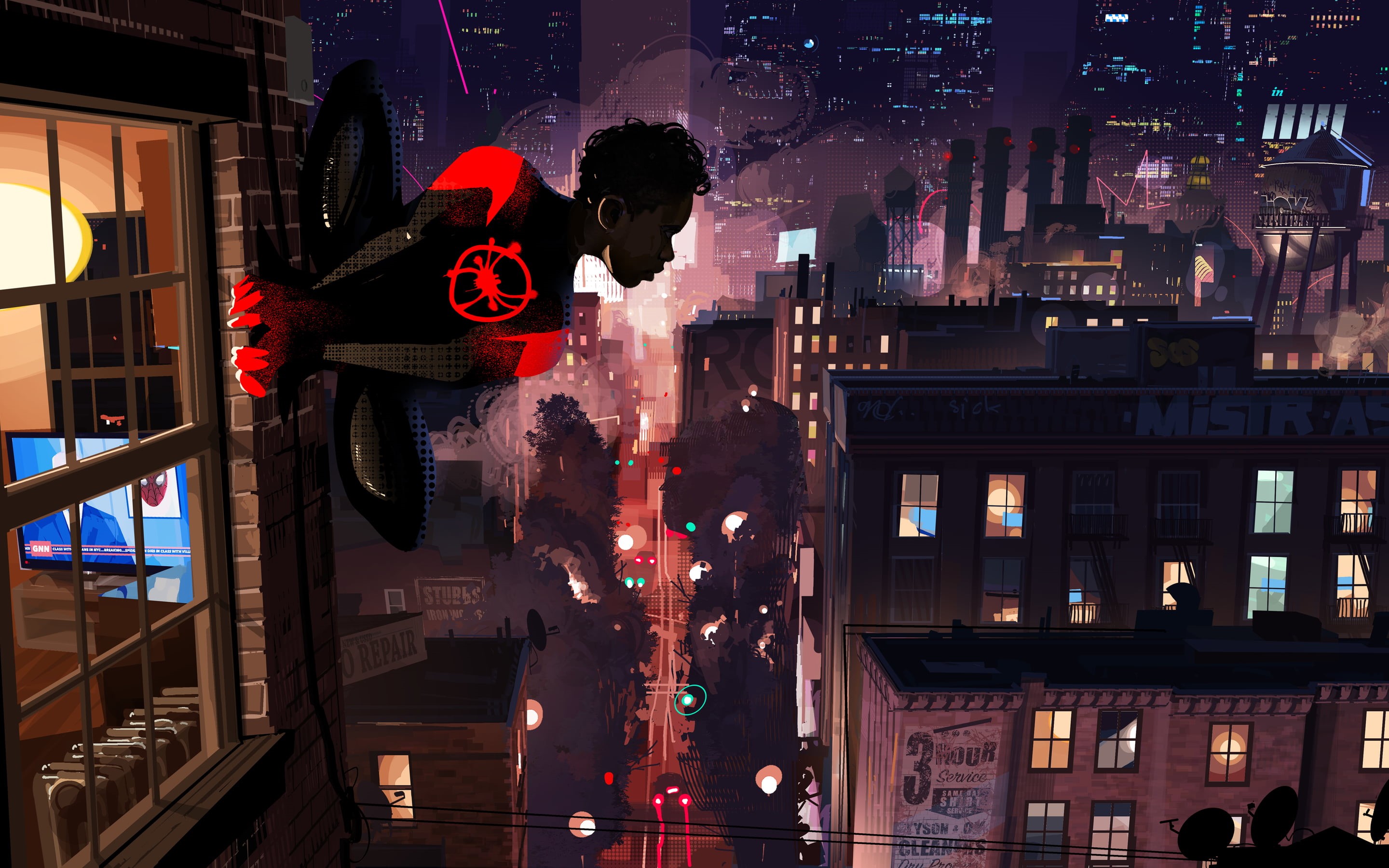 Spider-Man: Into the Spider-Verse, building, Spider-Man, rooftops, Miles Morales, Patrick OKeefe, fan art, city, night, 2K, HD Wallpaper