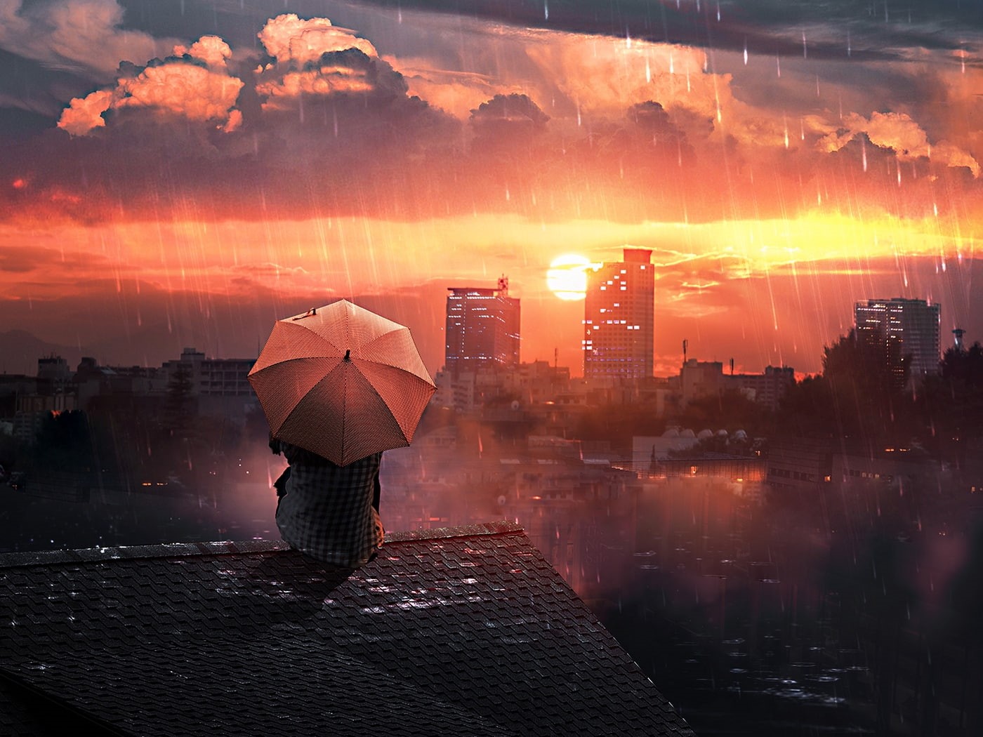 720P, city, women, rain, artwork, rooftops, umbrella, HD Wallpaper