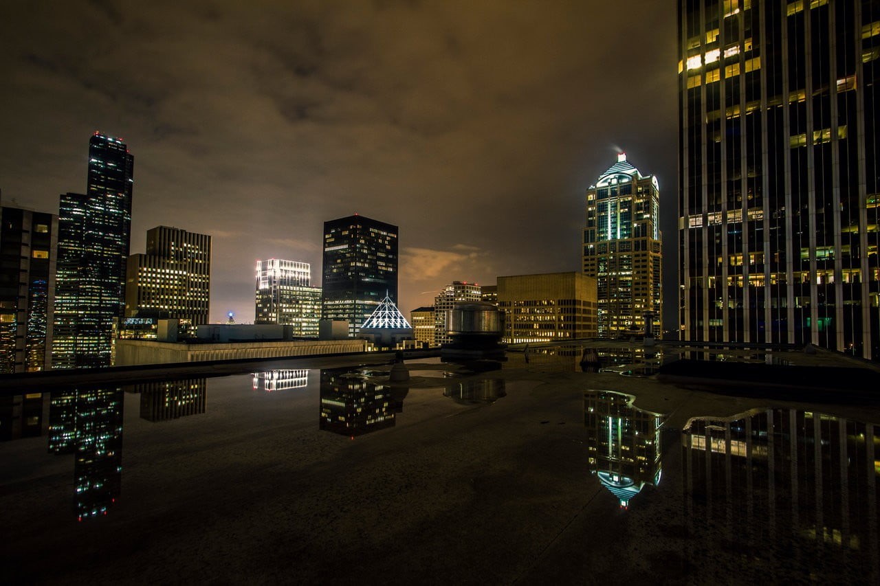 city, financial district, cityscape, outdoors, skyscraper, night, tower, architecture, modern, black, built structure, reflection, building, white, tall - high, HD Wallpaper