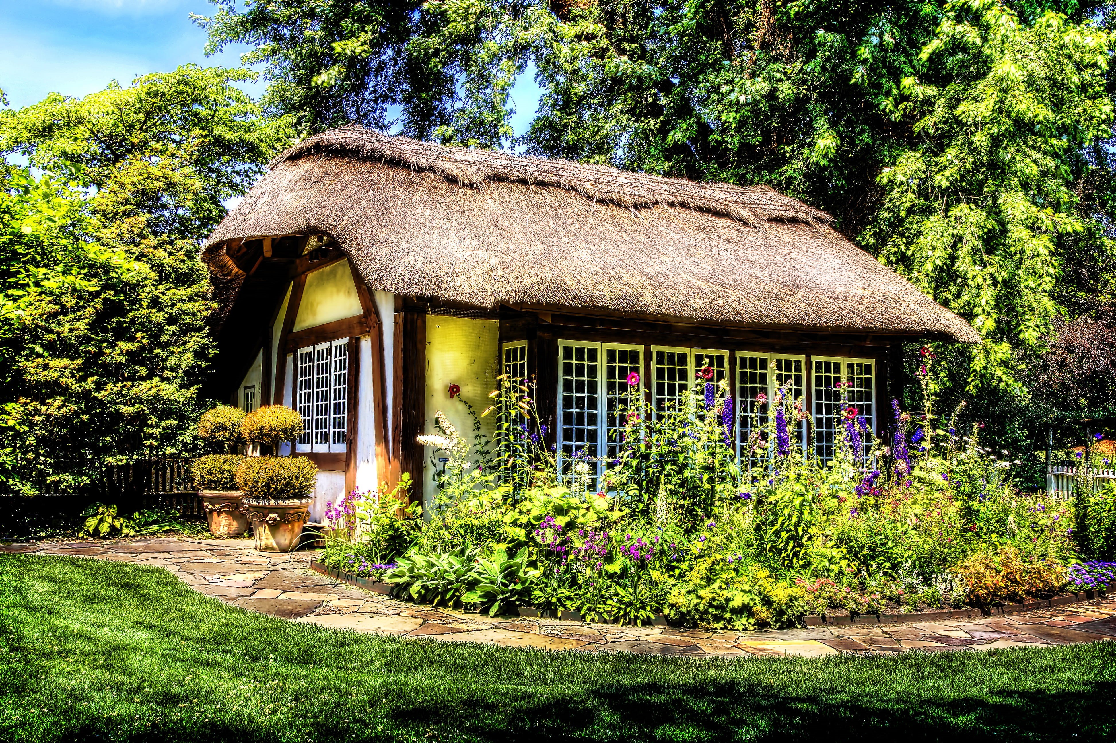 nature, outdoors, tree, cottage, plants, rural, countryside, green Color, day, flowering plant, no People, building Exterior, growth, plant, formal Garden, HD Wallpaper