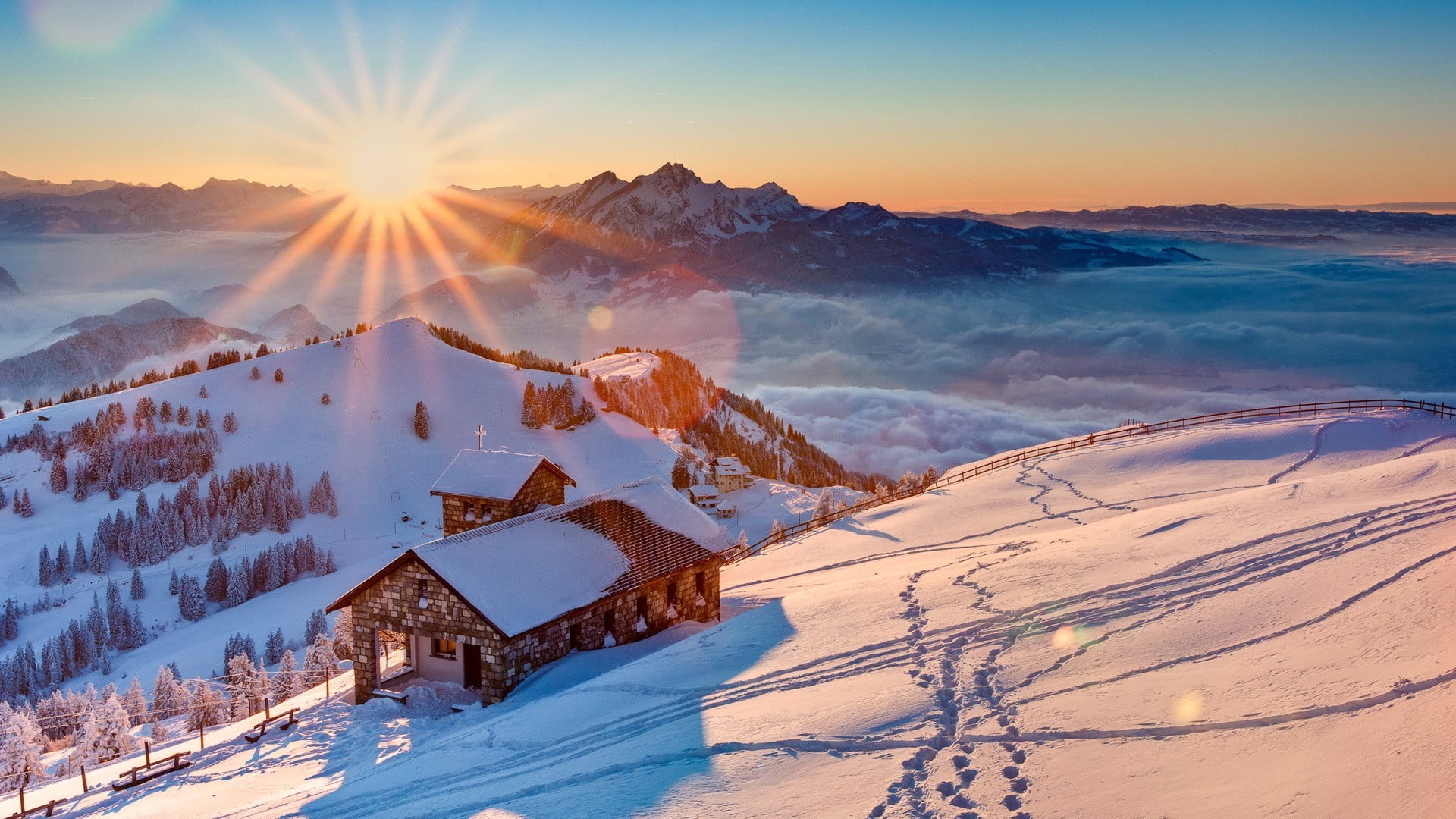 mountain range, mountain peak, sky, Alps, environment, lens flare, 1080P, tranquility, cold temperature, brown, sunlight, mountains, landscape, nature, HD Wallpaper