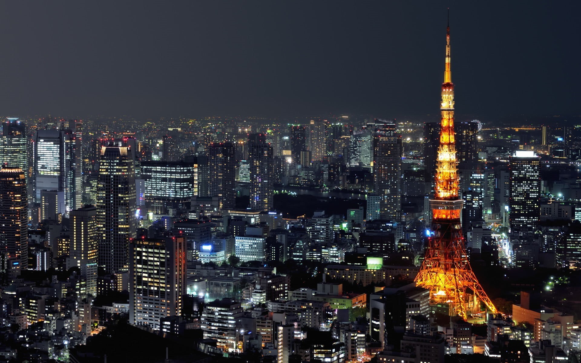 city, night, financial district, Tokyo Tower, urban, lights, office building exterior, crowd, landscape, architecture, nightlife, spire, tower, built structure, HD Wallpaper