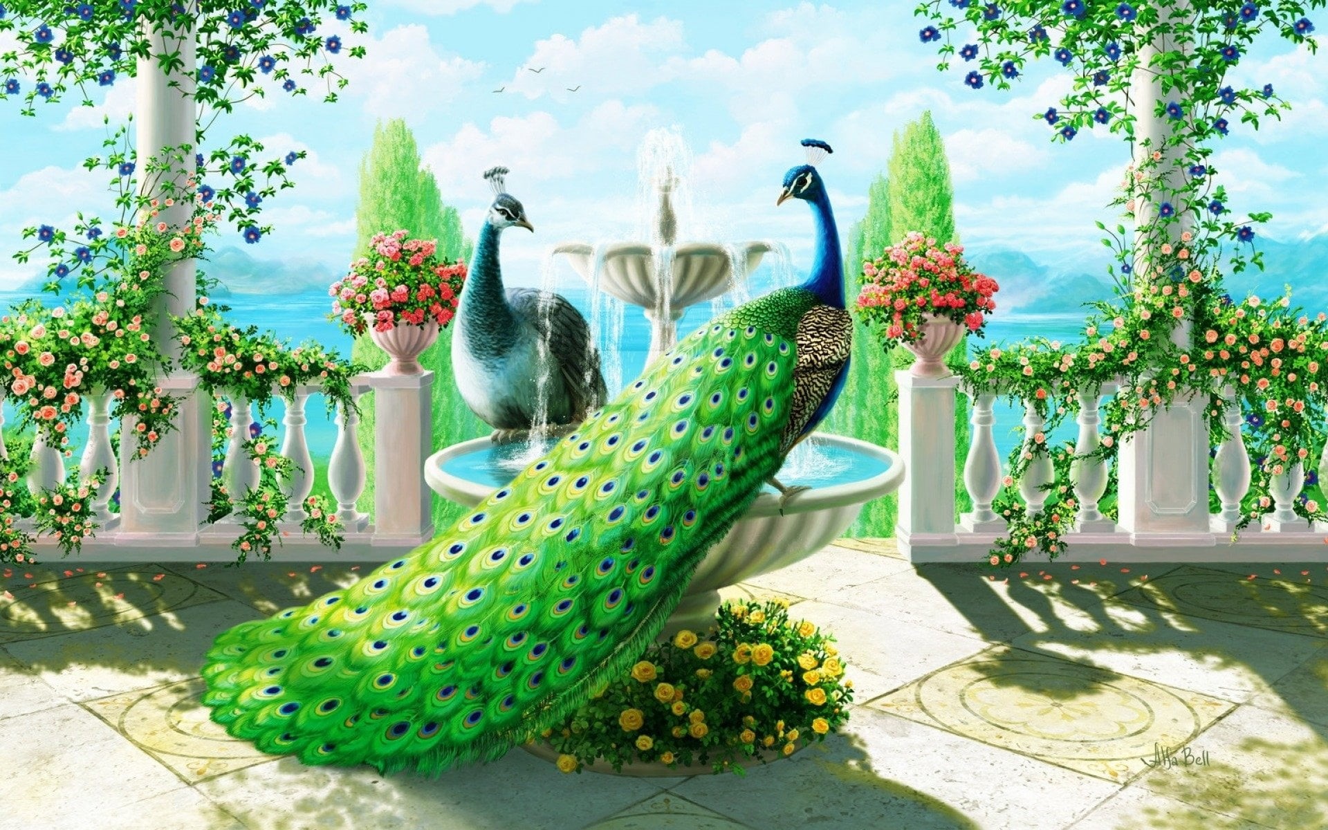 no people, Birds, Colors, representation, growth, 1080P, sunlight, outdoors, Flower, plant, flower pot, potted plant, nature, day, Columns, art and craft, HD Wallpaper