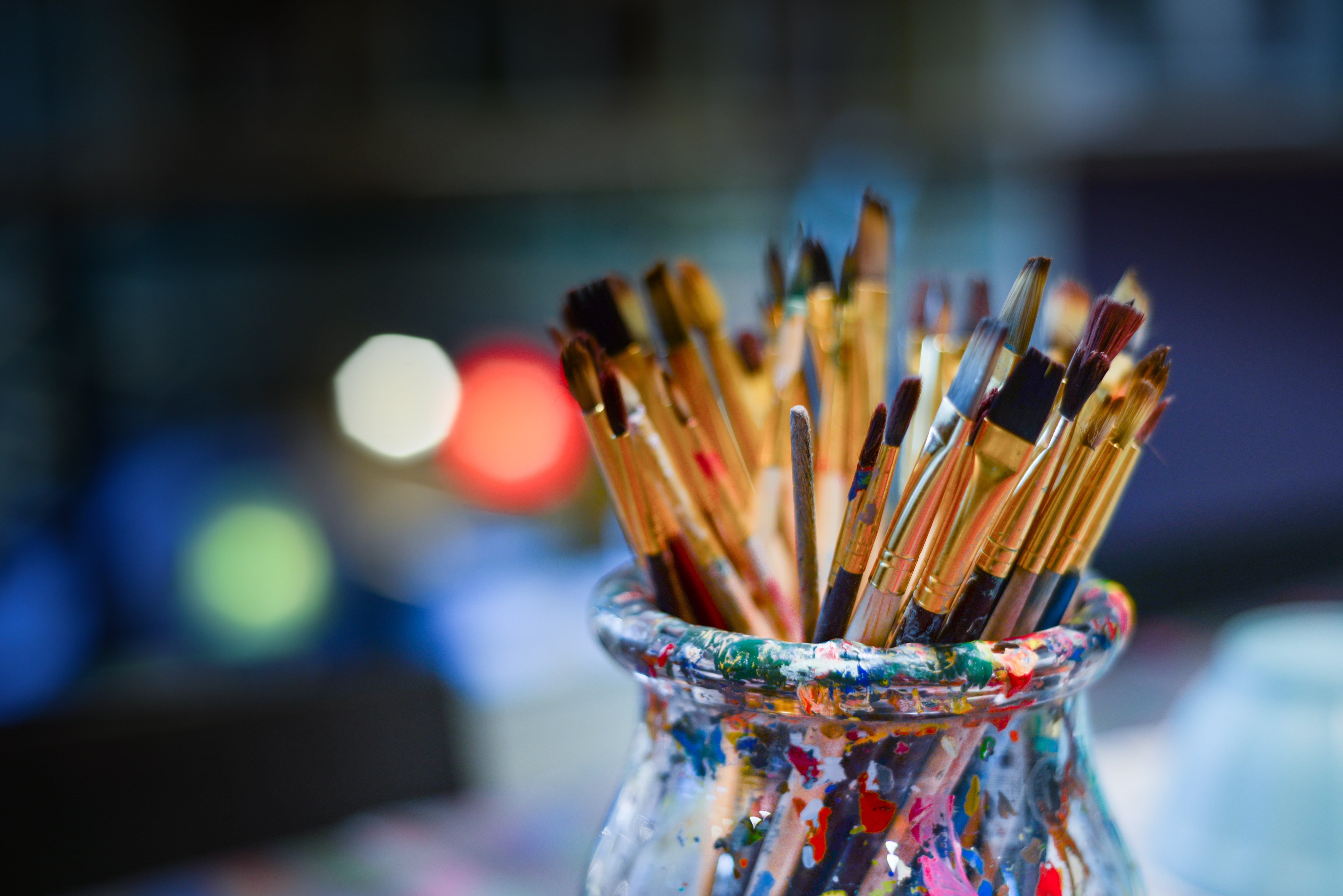 indoors, art and craft equipment, focus on foreground, multi colored, creativity, selective focus, glass - material, artistic, 5K, painting, colorful, HD Wallpaper