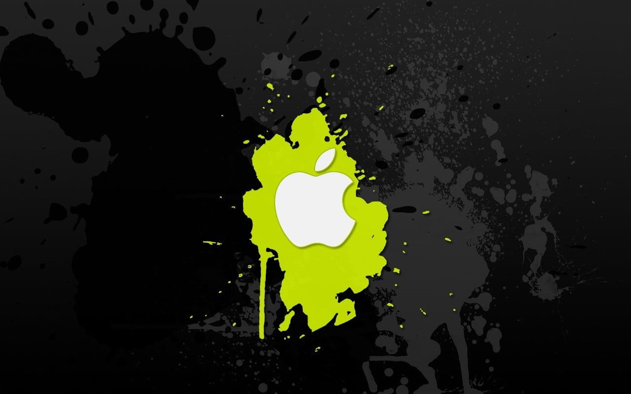 yellow, apple, close-up, logo, splashing, indoors, selective coloring, studio shot, creativity, digital art, no people, day, black background, drop, paint splatter, HD Wallpaper