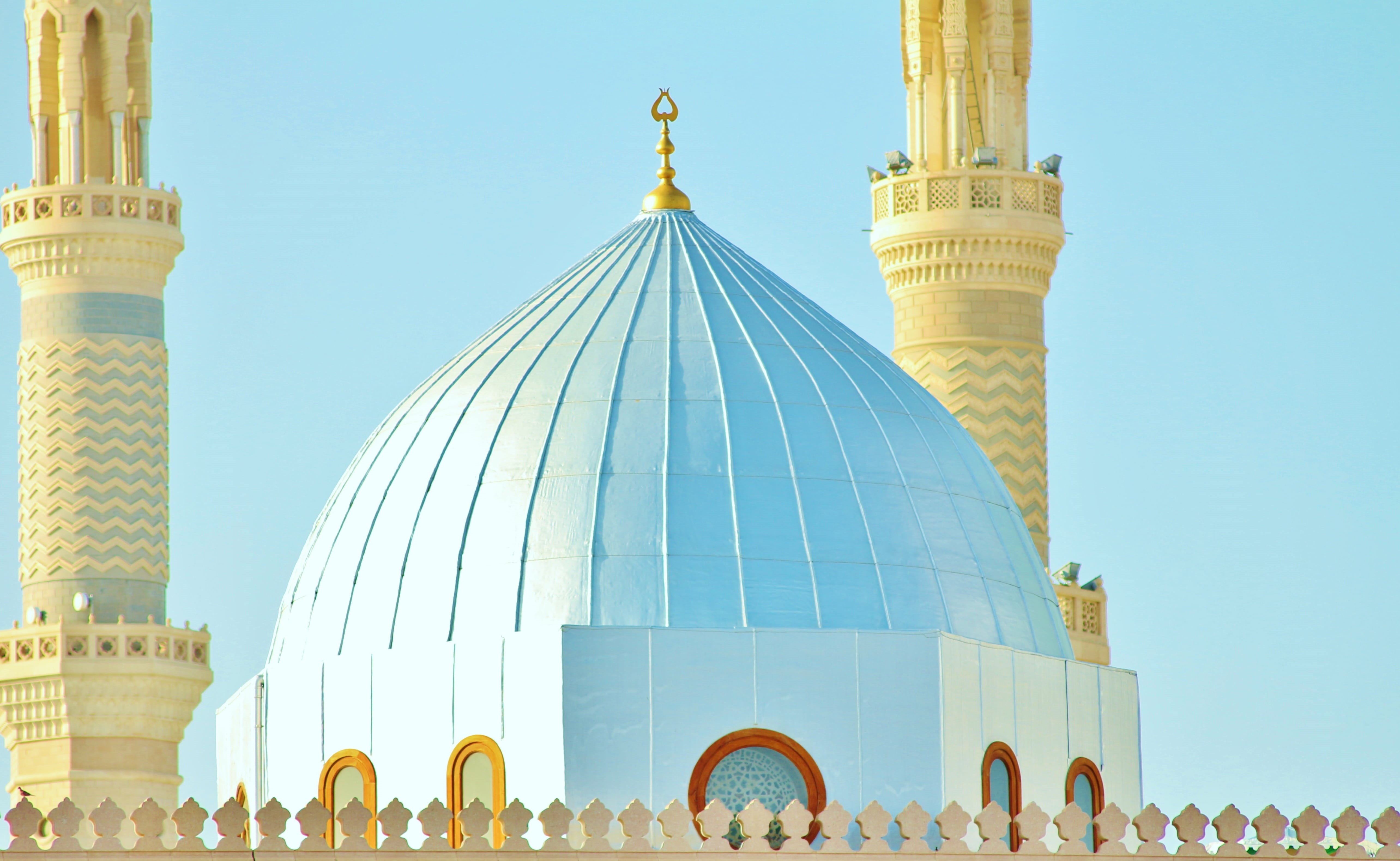 clear sky, handwriting, nature, minaret, praying, arabic, travel destinations, design, famous Place, place of worship, gold, respect, cultures, allah, architecture, HD Wallpaper